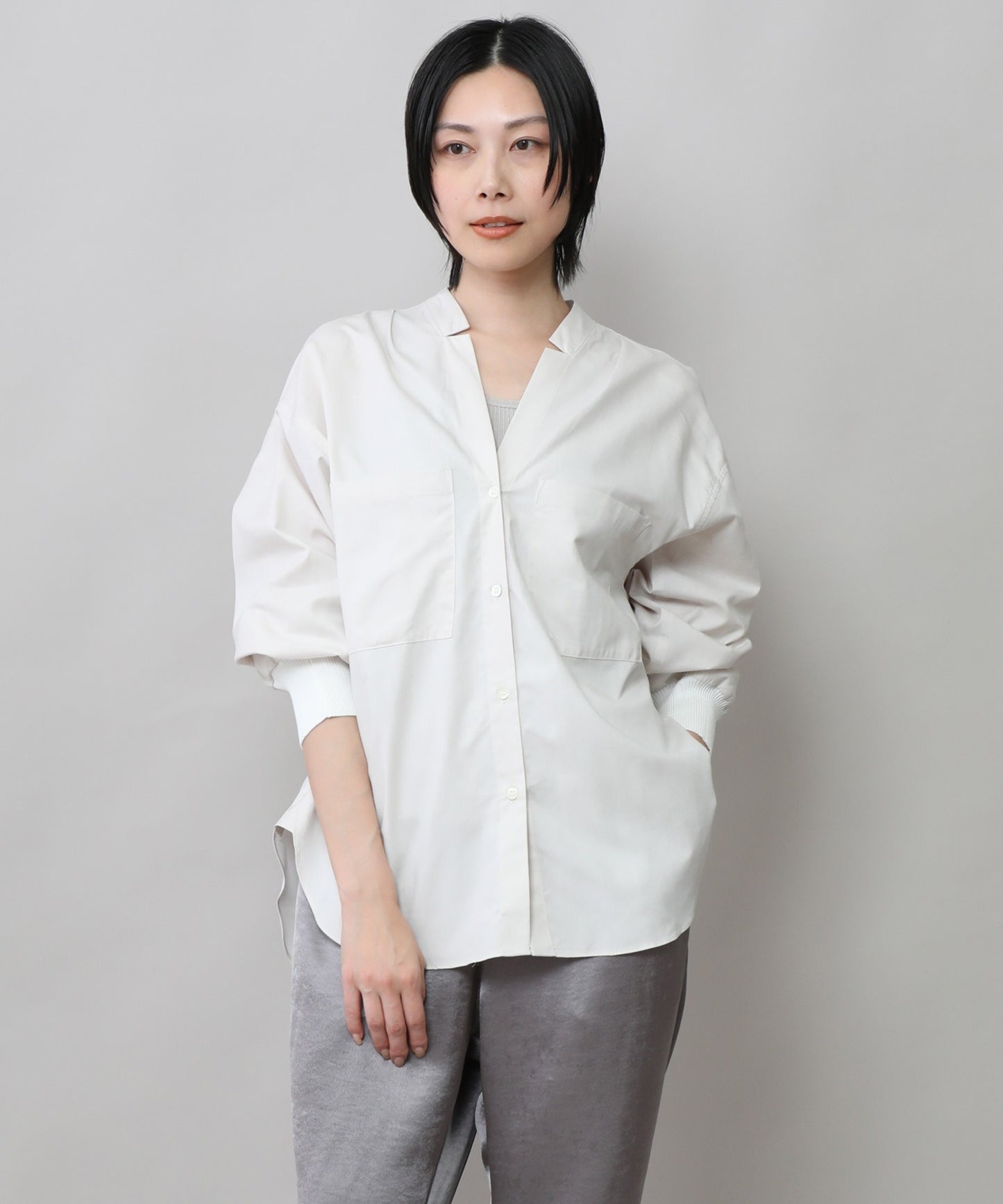 【定番】	コットンリヨセルオックスリブカフシャツ
