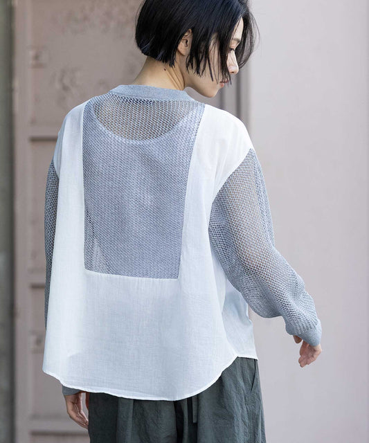 スカシ編みニット×コットンボイルドッキングシャツ