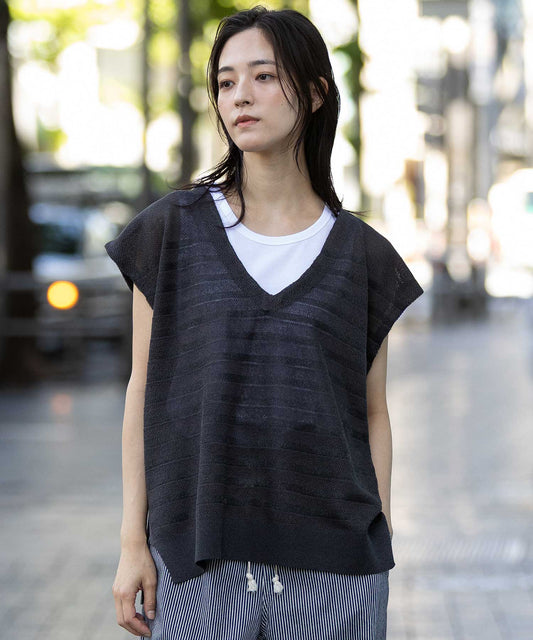 メッシュジャガードボーダーニットVネックスリーブレストップス