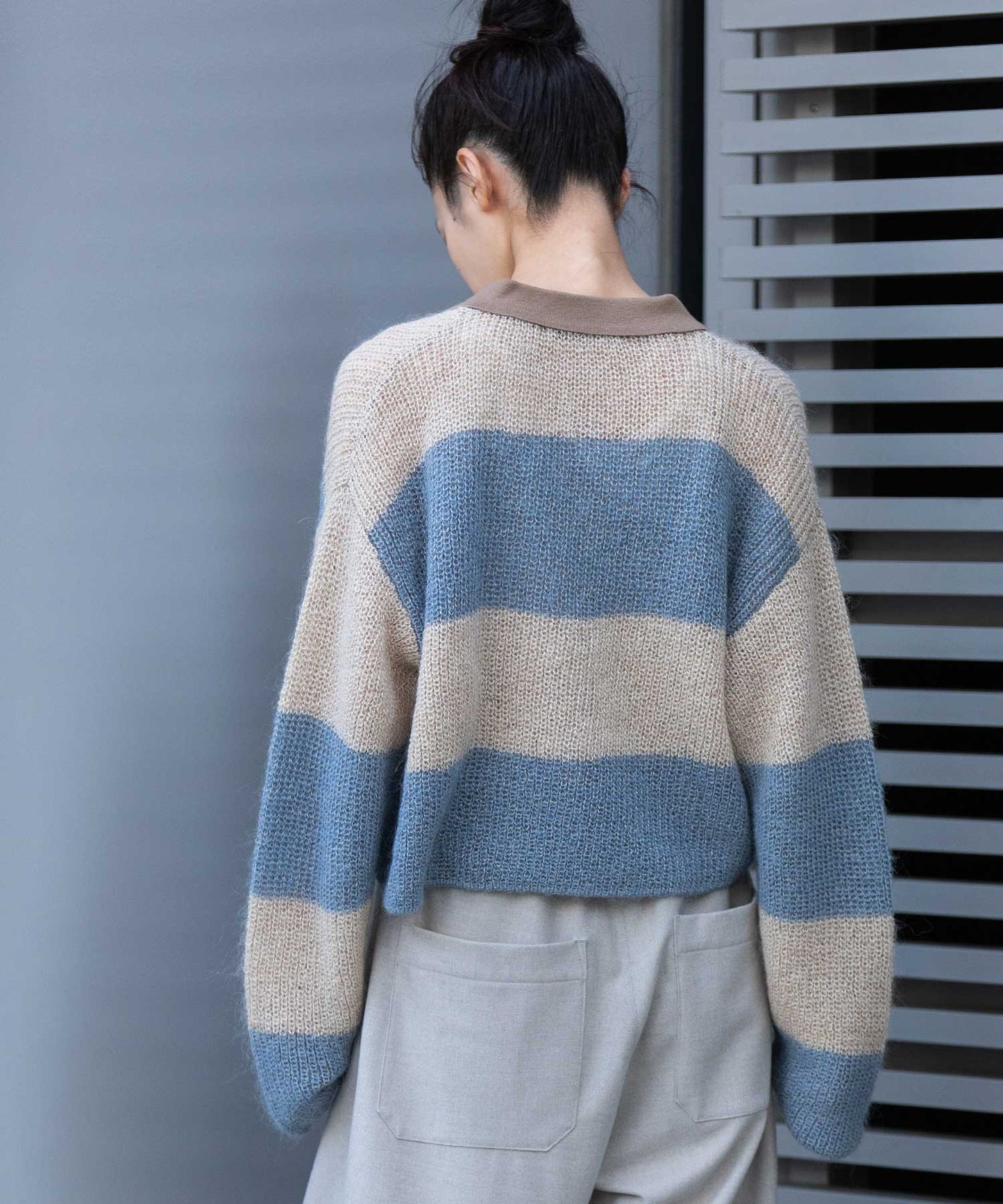 5GG片畦編みモヘアニットボーダーポロニット
