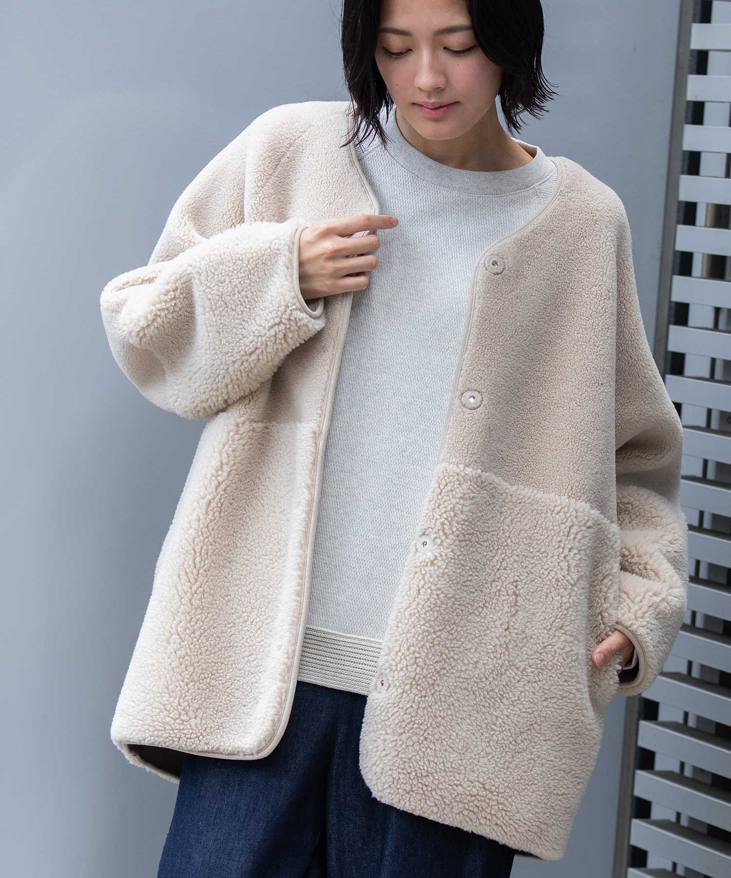 ウールシープボアムートンリバーシブルノーカラーコート – Munich web shop