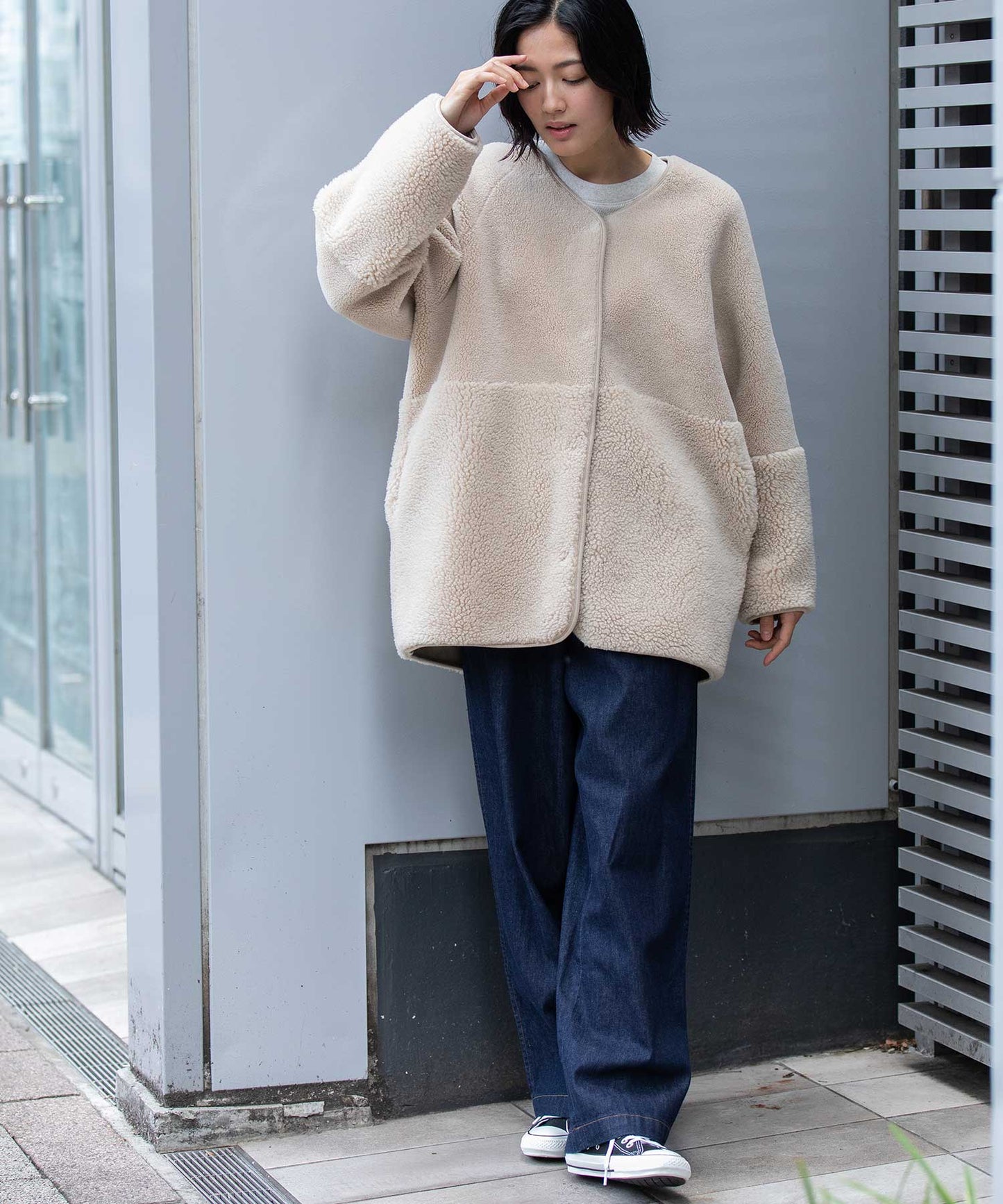 ウールシープボアムートンリバーシブルノーカラーコート