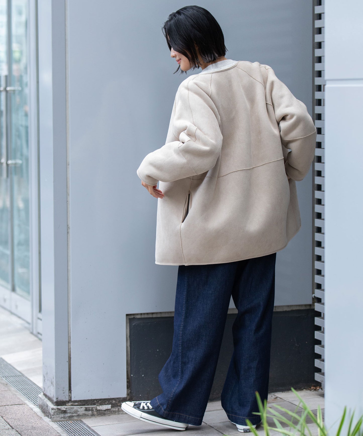 ウールシープボアムートンリバーシブルノーカラーコート