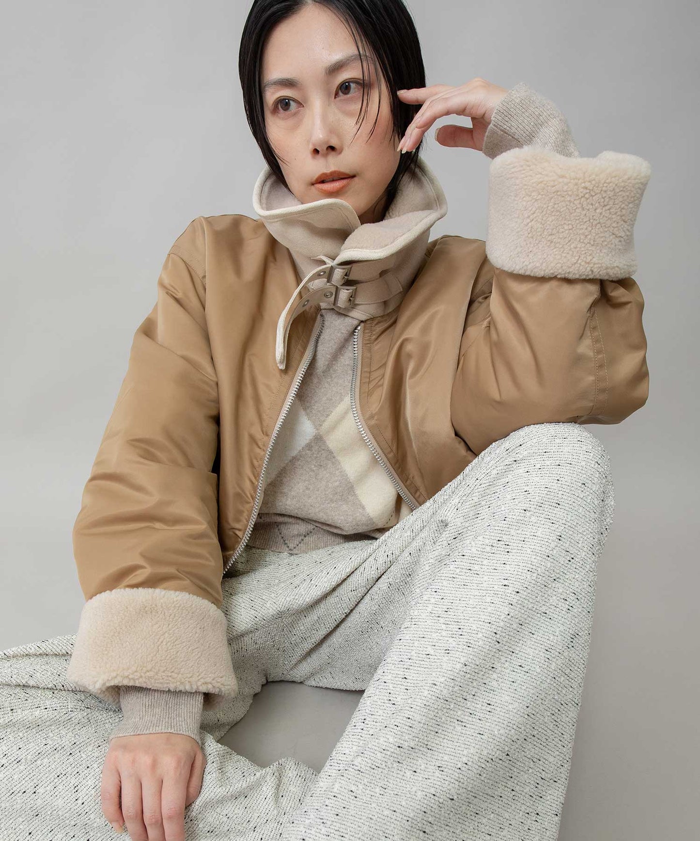 ナイロンツイル×シープボアフライトブルゾン