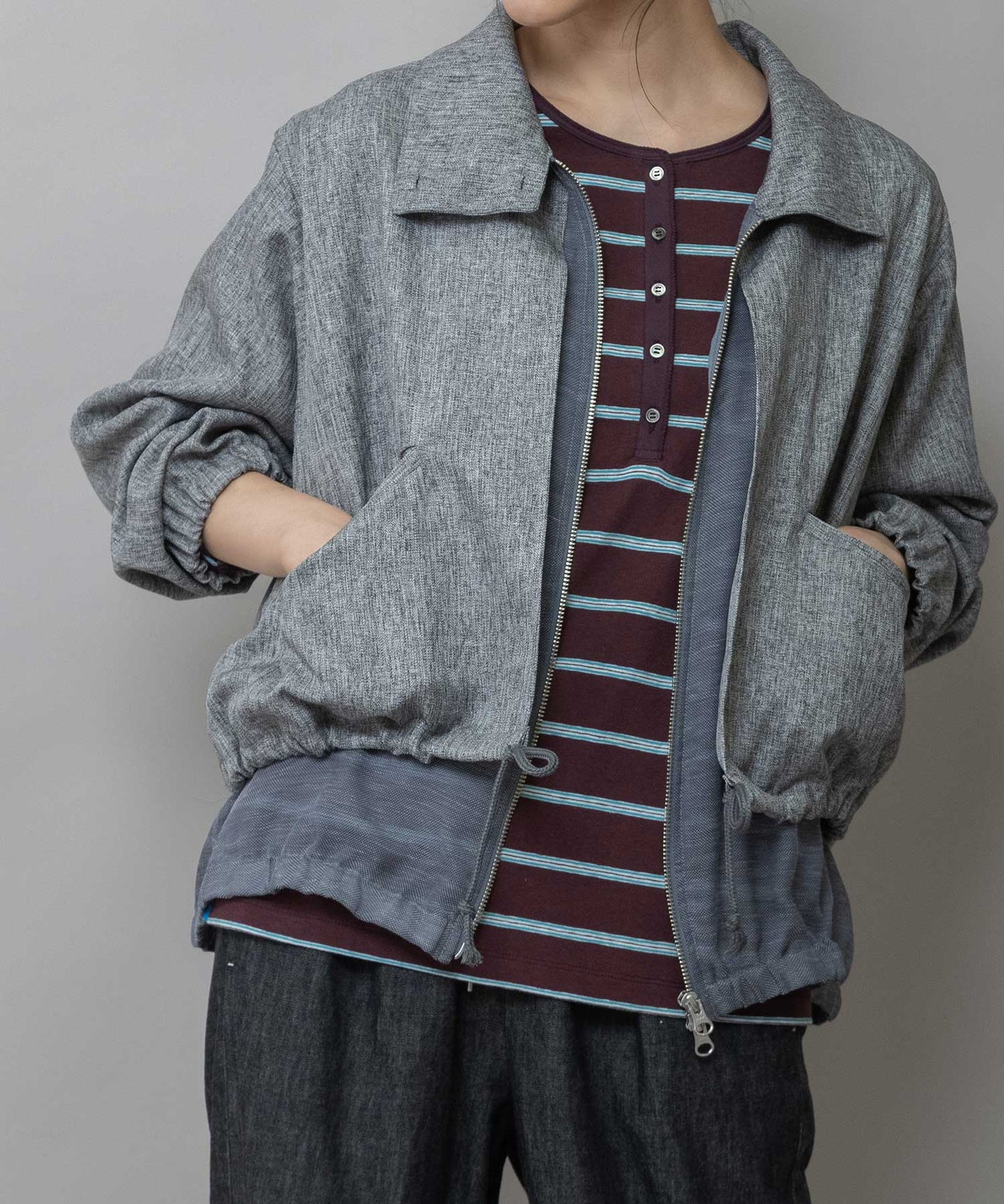 【ウォッシャブル】【防シワ】ツイード調ツイル×メッシュレイヤードジップブルゾン