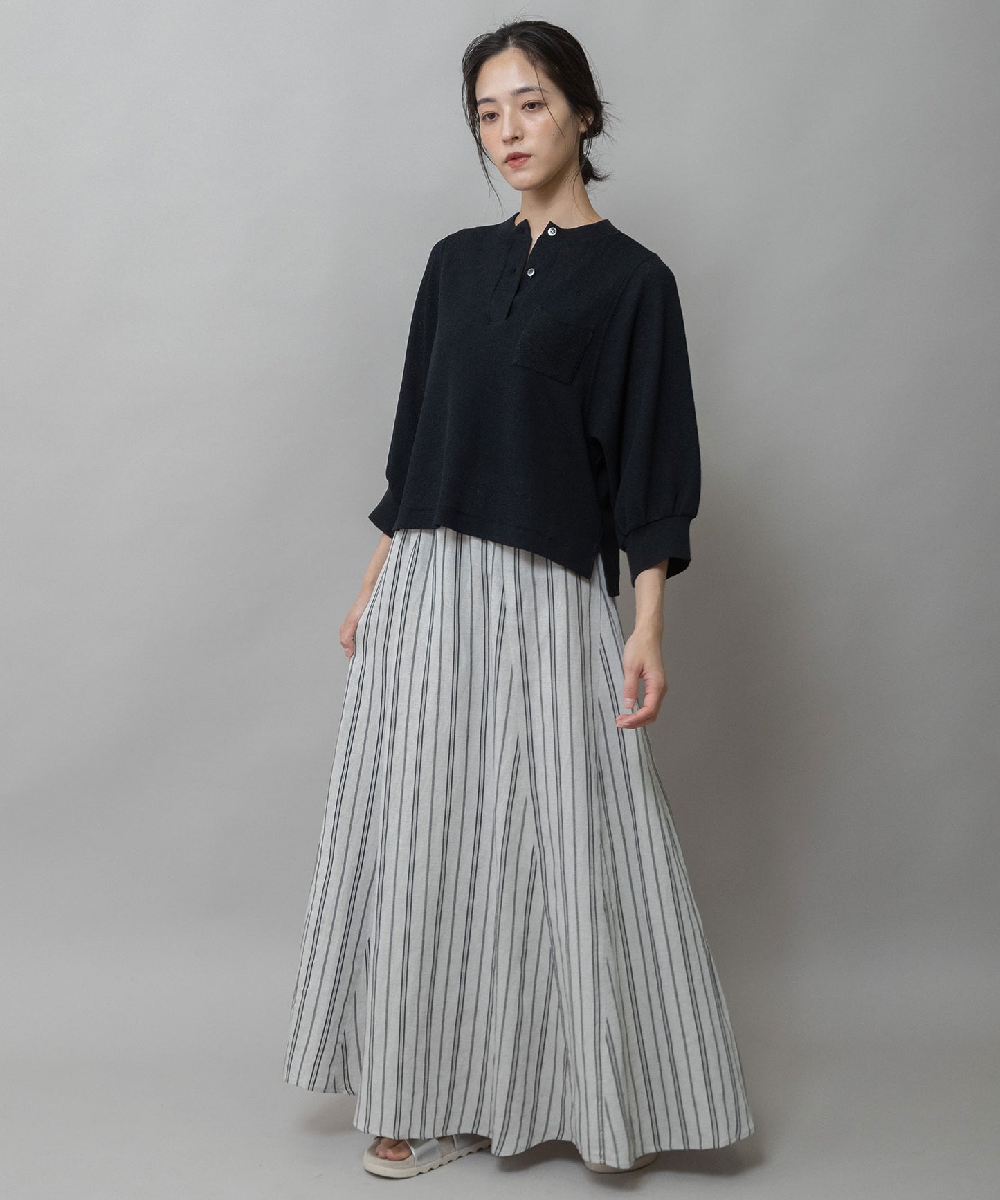 【速乾性】シアーワッフル×ニットリブパフスリーブプルオーバー