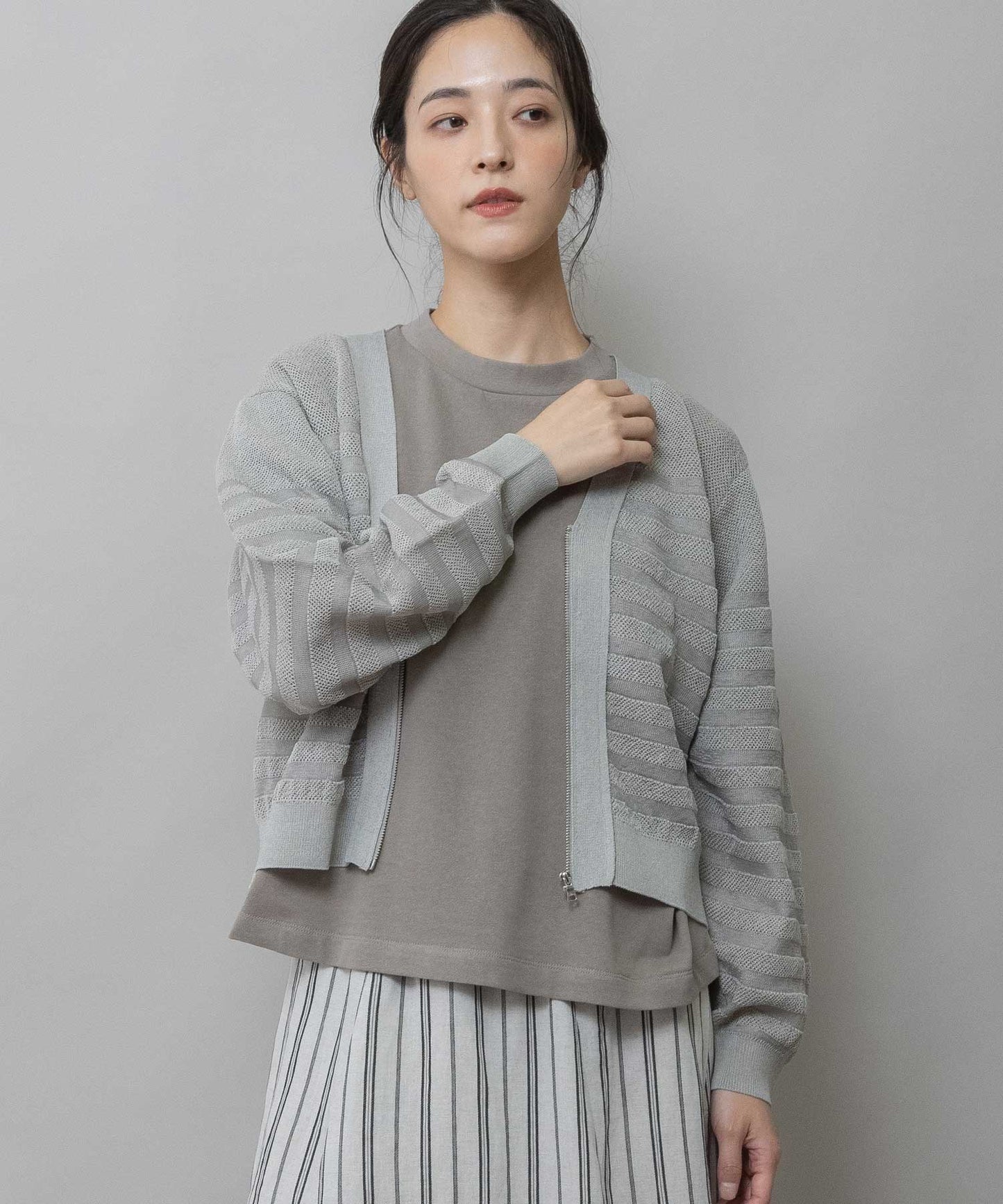 メッシュジャガードボーダーニットジップカーディガン