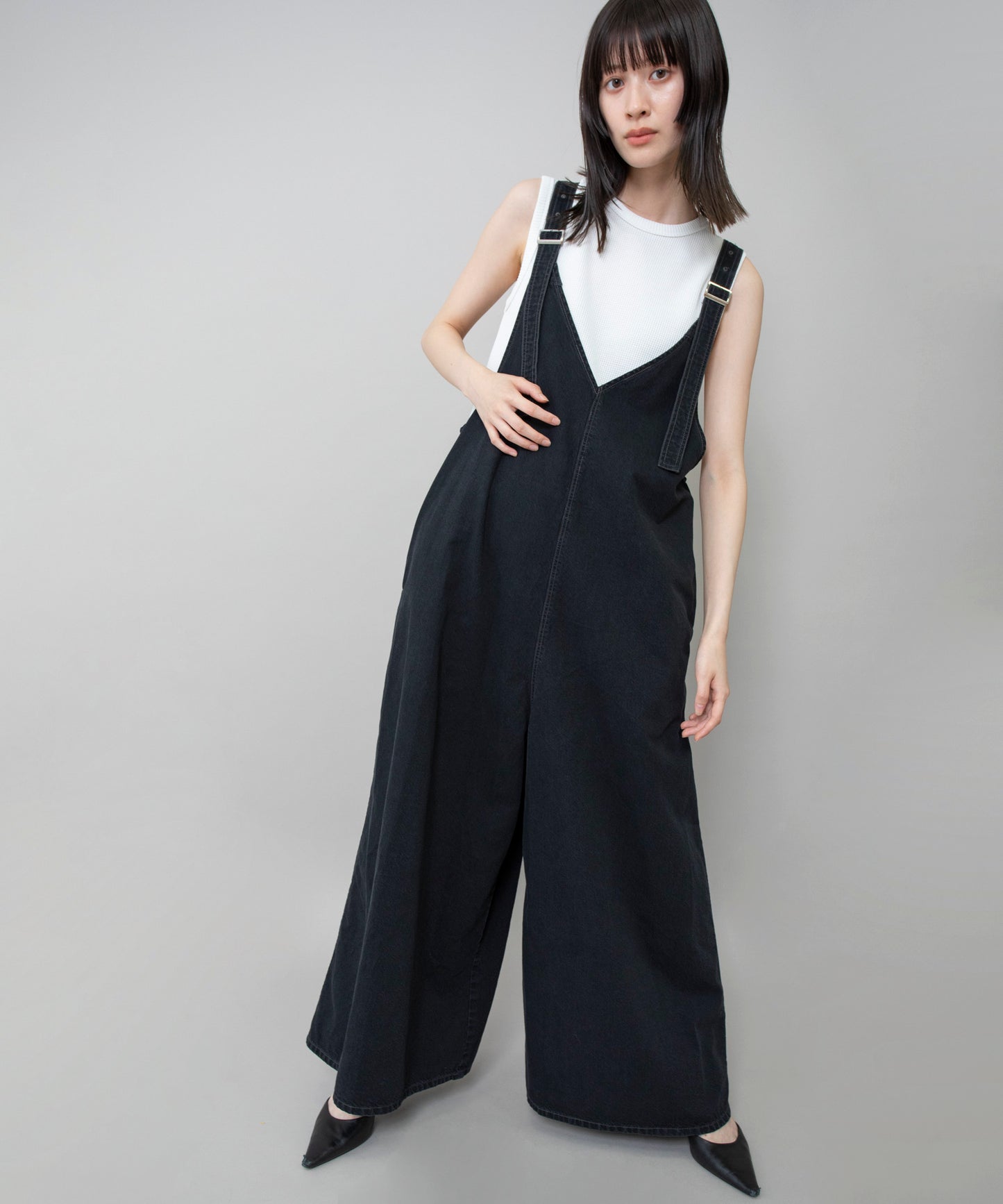 【定番】6.5ozスラブデニムフレアサロペット