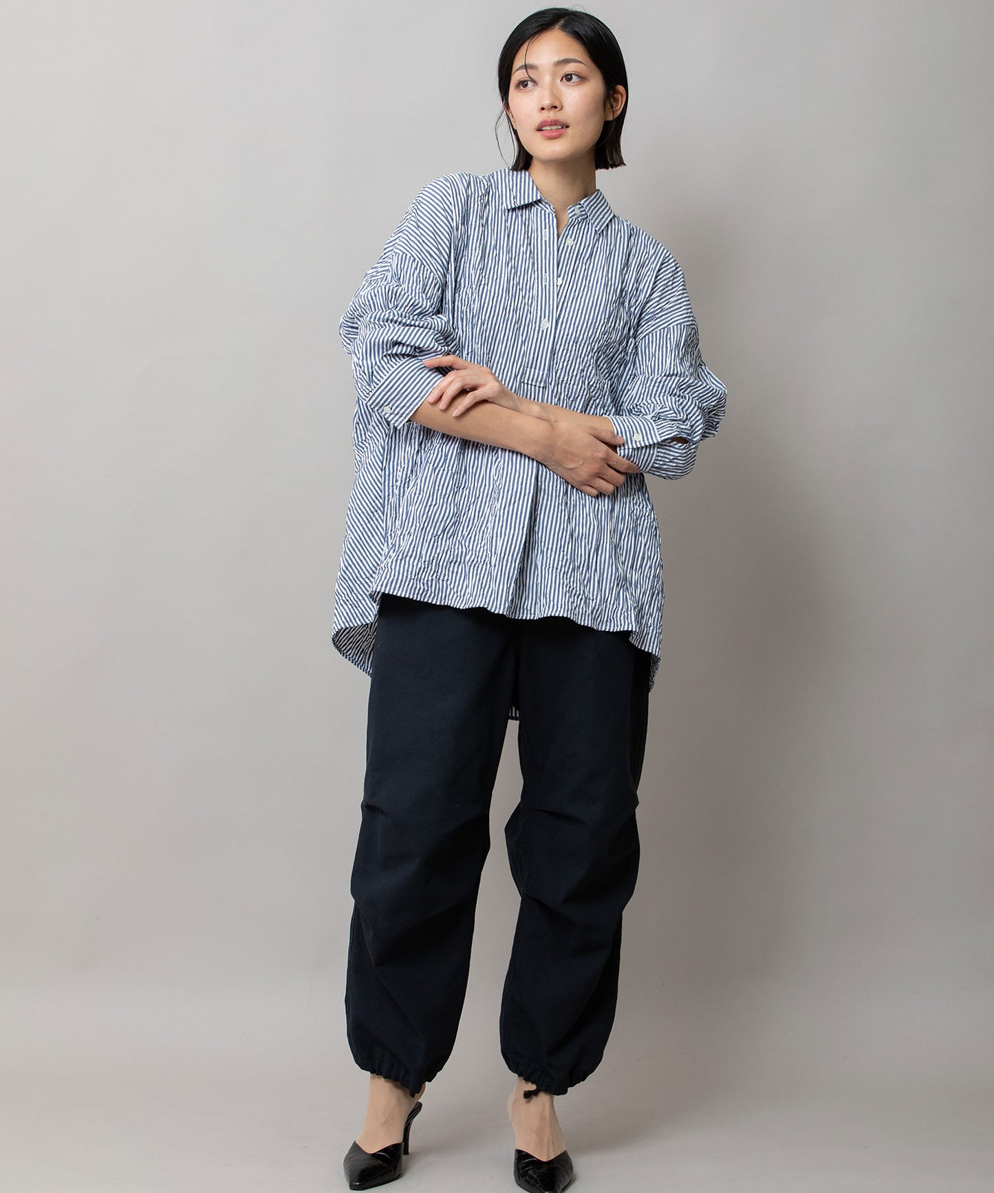 ワッシャーブロード&ストライププルオーバーシャツ