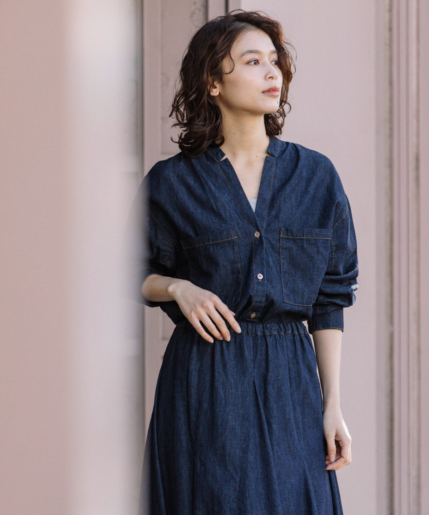 定番】ウォッシュ5.5オンススラブデニムVネックシャツ – Munich web shop