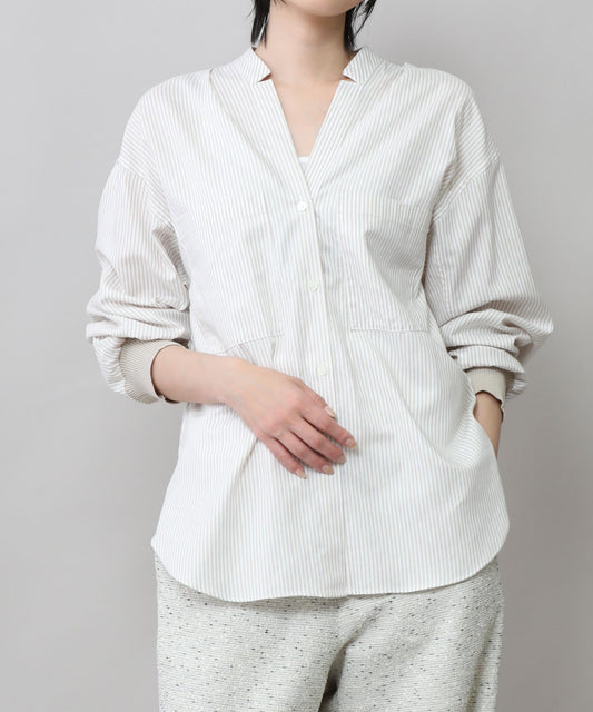 【定番】	コットンリヨセルオックスリブカフシャツ