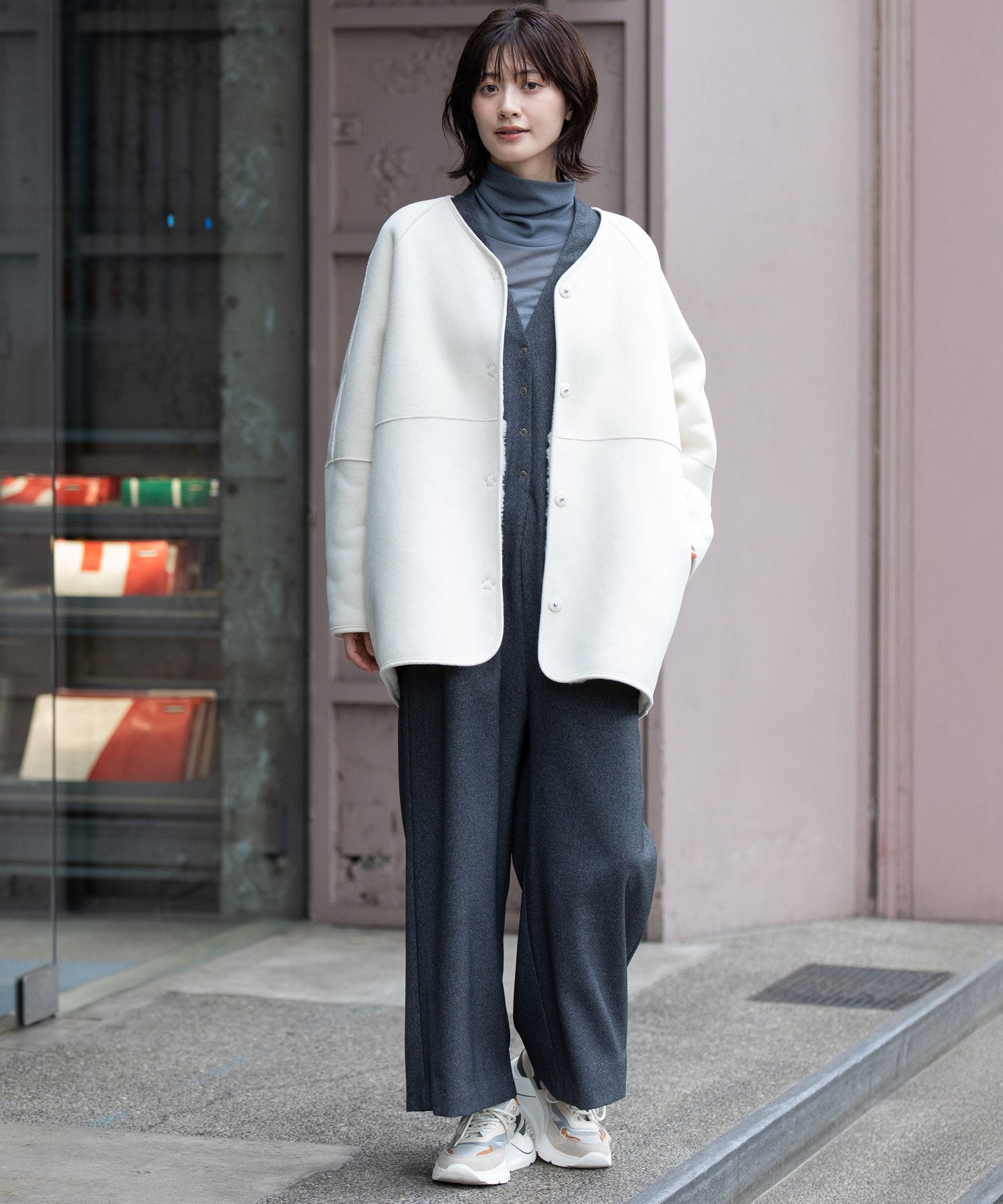 ウールシープボアムートンリバーシブルノーカラーコート – Munich web shop