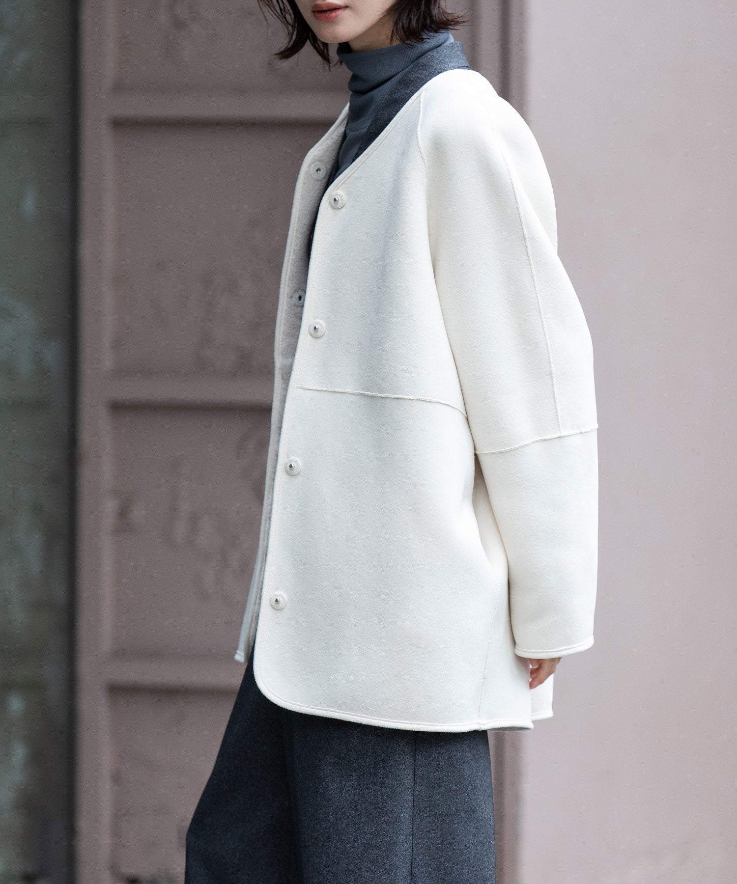 ウールシープボアムートンリバーシブルノーカラーコート – Munich web shop