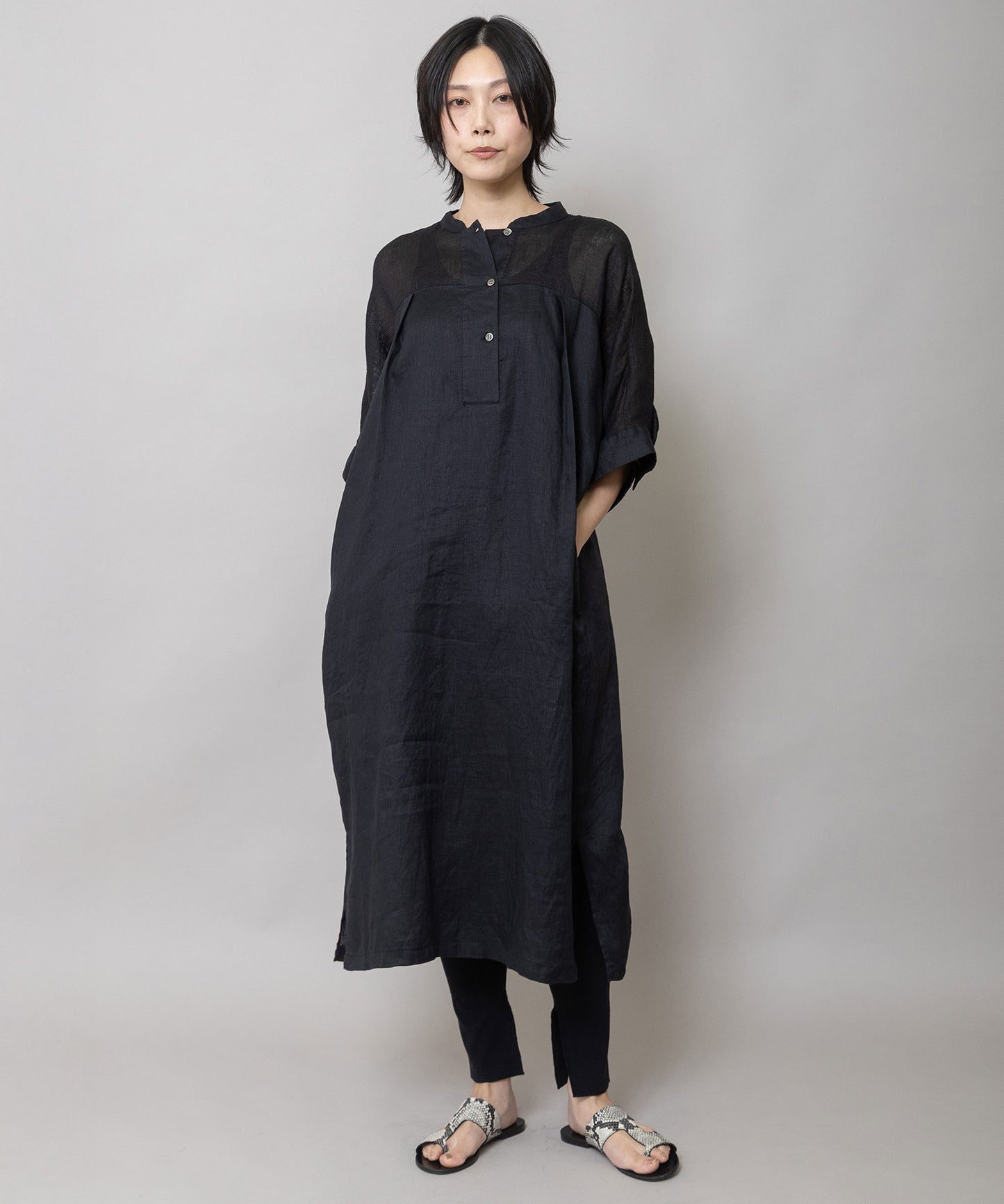 60sリネンキャンバス×40sリネンメッシュシャツワンピース