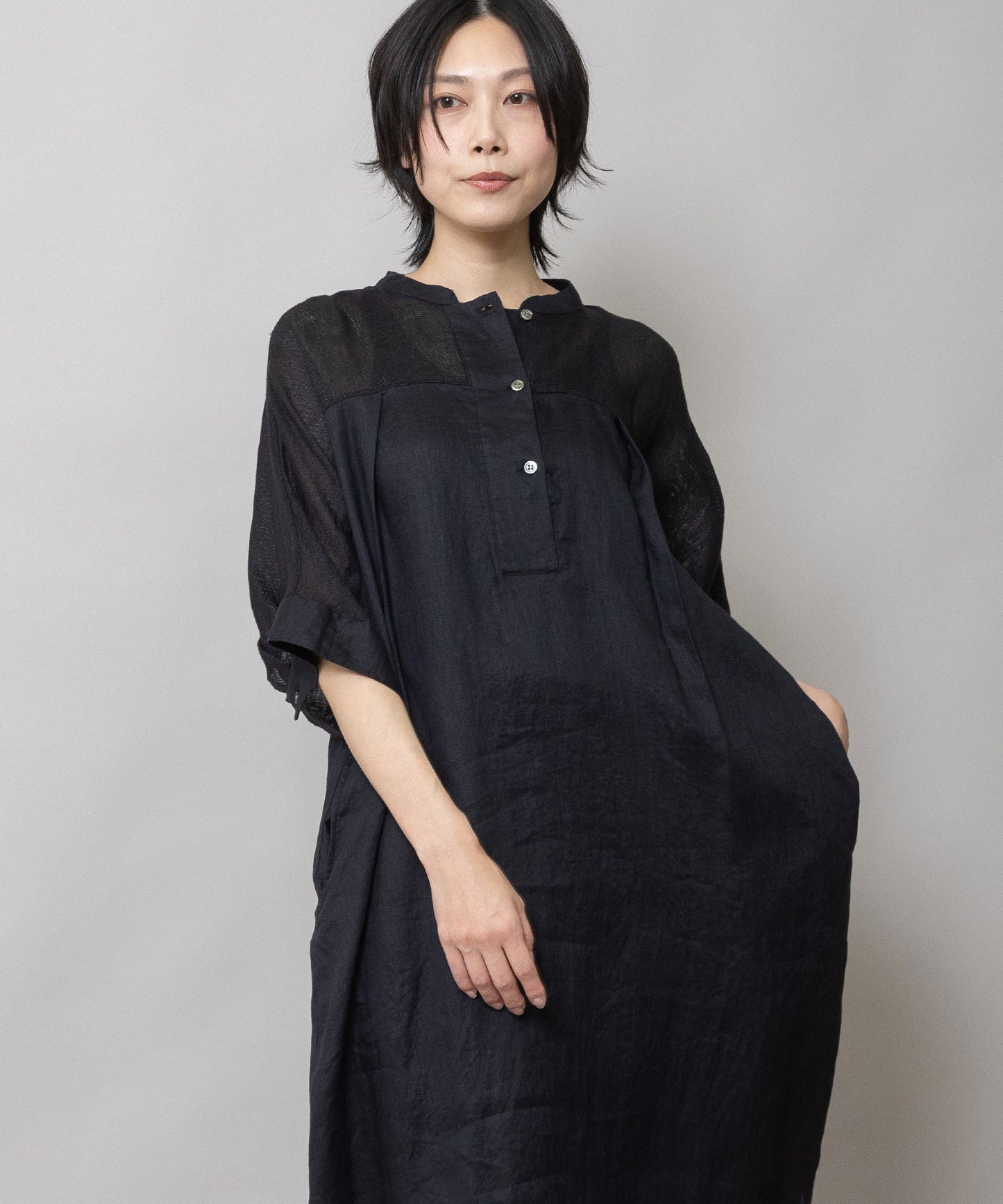 60sリネンキャンバス×40sリネンメッシュシャツワンピース