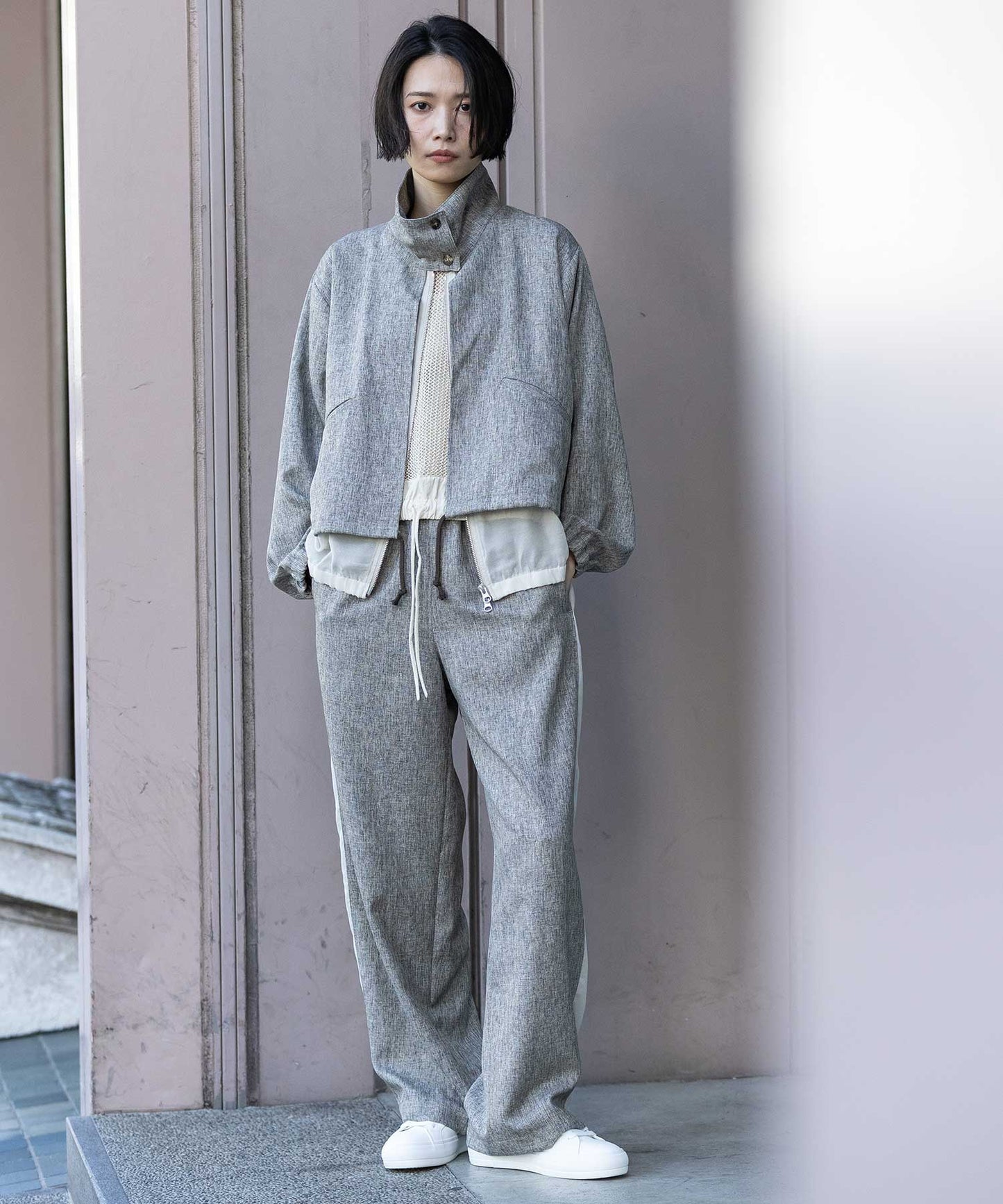 【ウォッシャブル】【防シワ】ツイード調ツイル×メッシュサイドストライプパンツ