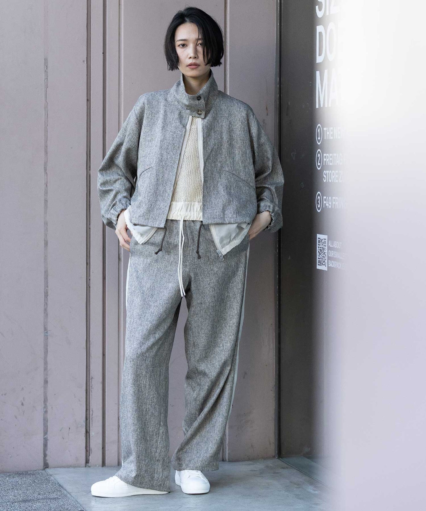 【ウォッシャブル】【防シワ】ツイード調ツイル×メッシュレイヤードジップブルゾン