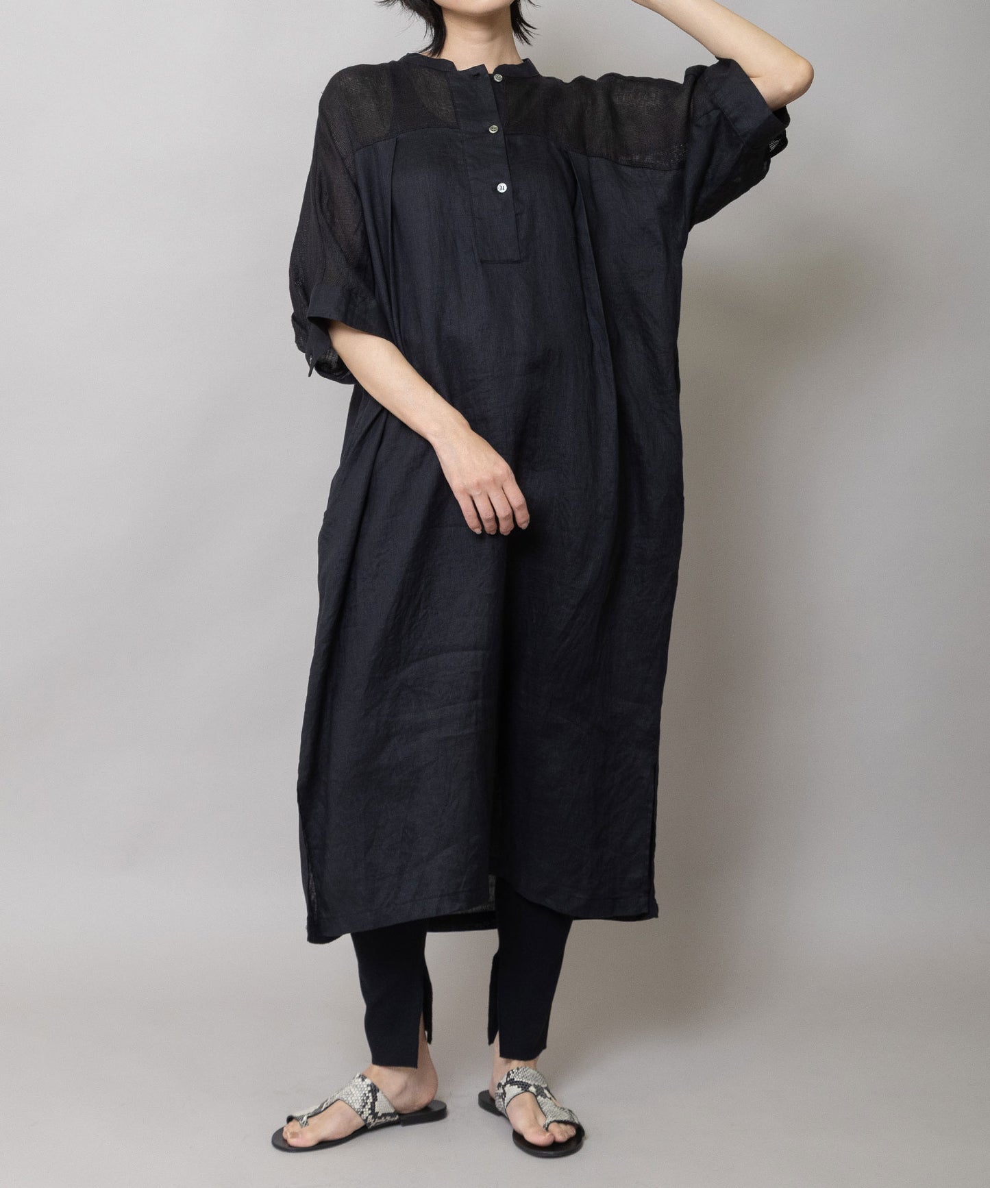 60sリネンキャンバス×40sリネンメッシュシャツワンピース