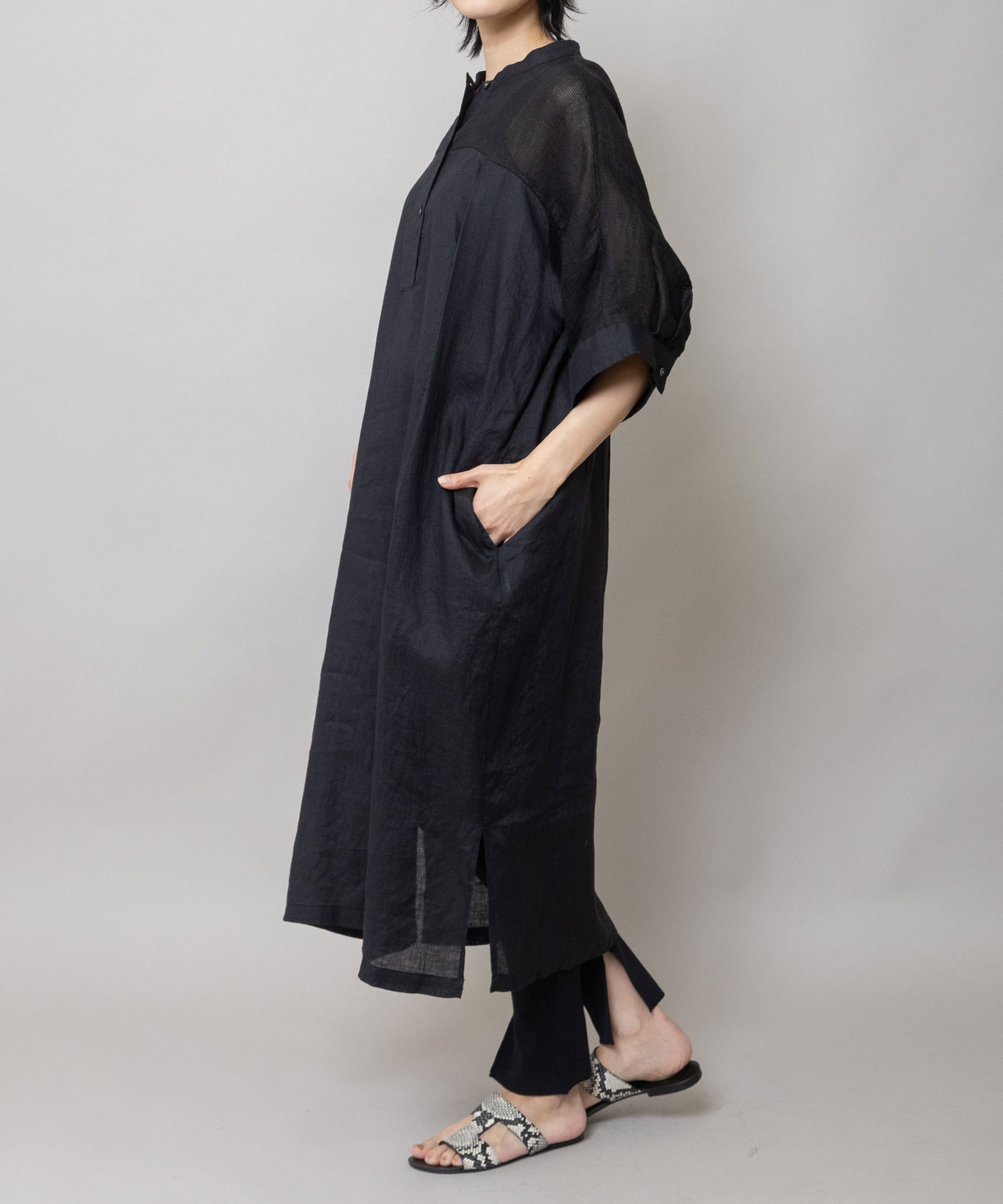 60sリネンキャンバス×40sリネンメッシュシャツワンピース