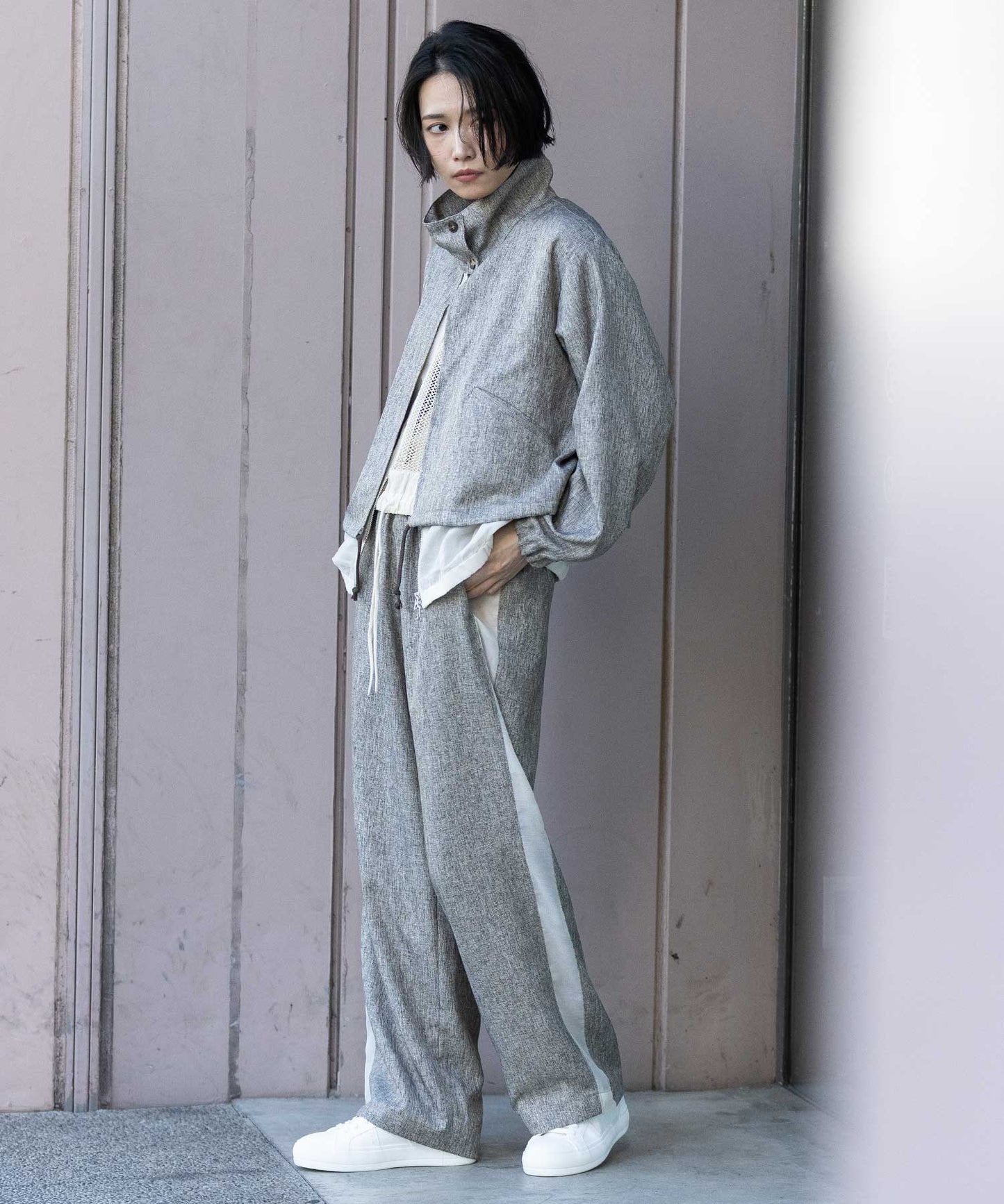 【ウォッシャブル】【防シワ】ツイード調ツイル×メッシュサイドストライプパンツ