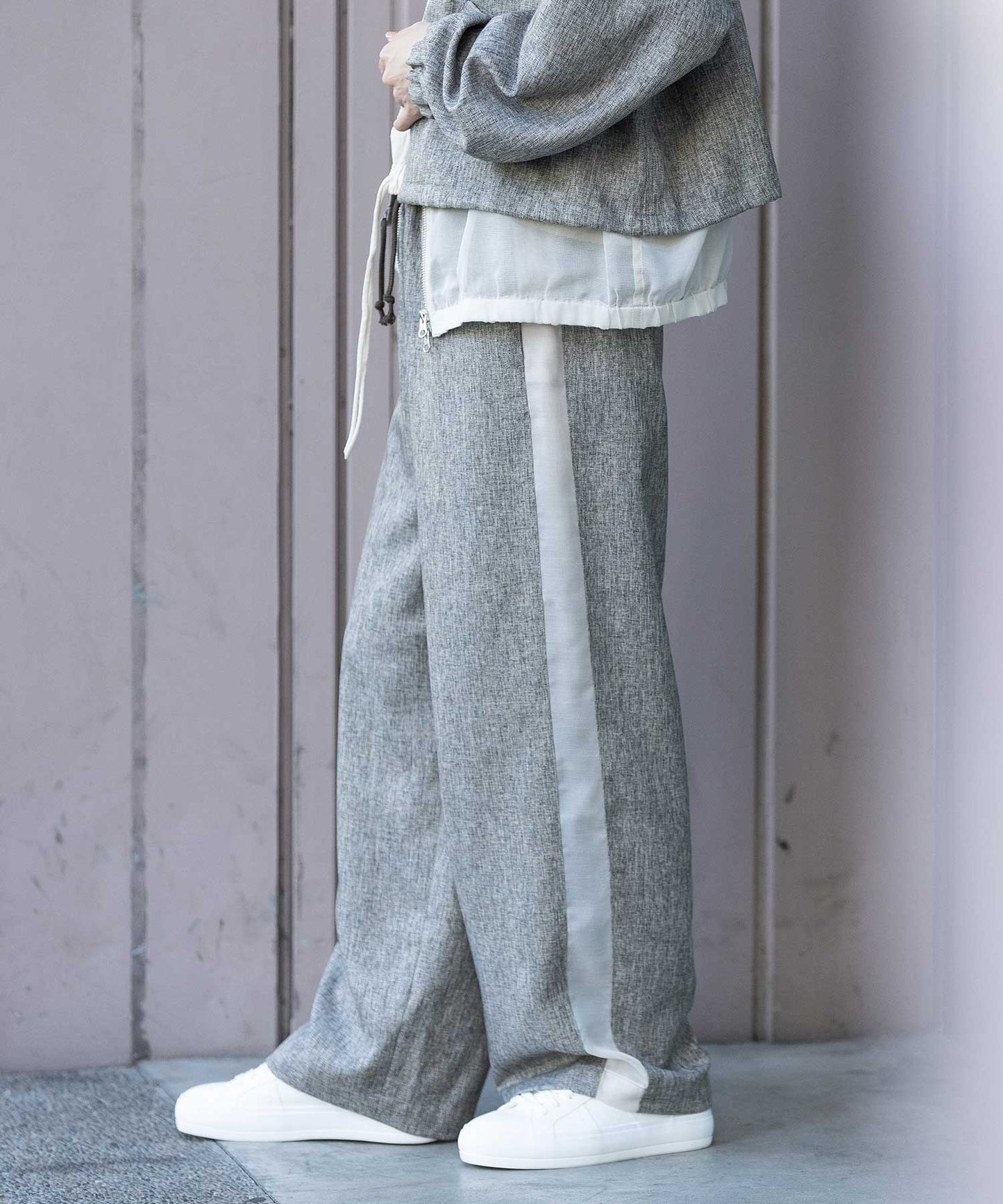 【ウォッシャブル】【防シワ】ツイード調ツイル×メッシュサイドストライプパンツ