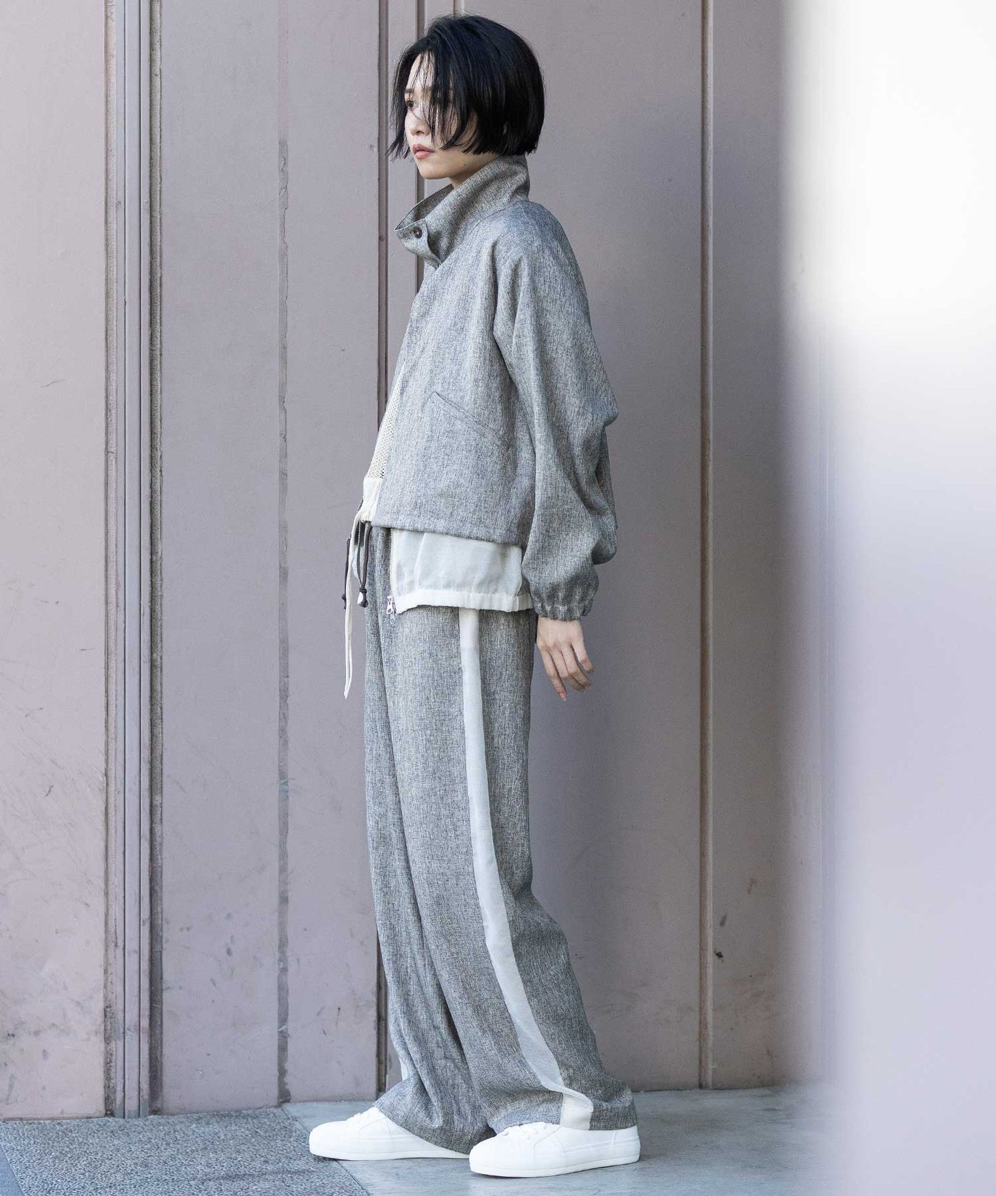 【ウォッシャブル】【防シワ】ツイード調ツイル×メッシュレイヤードジップブルゾン