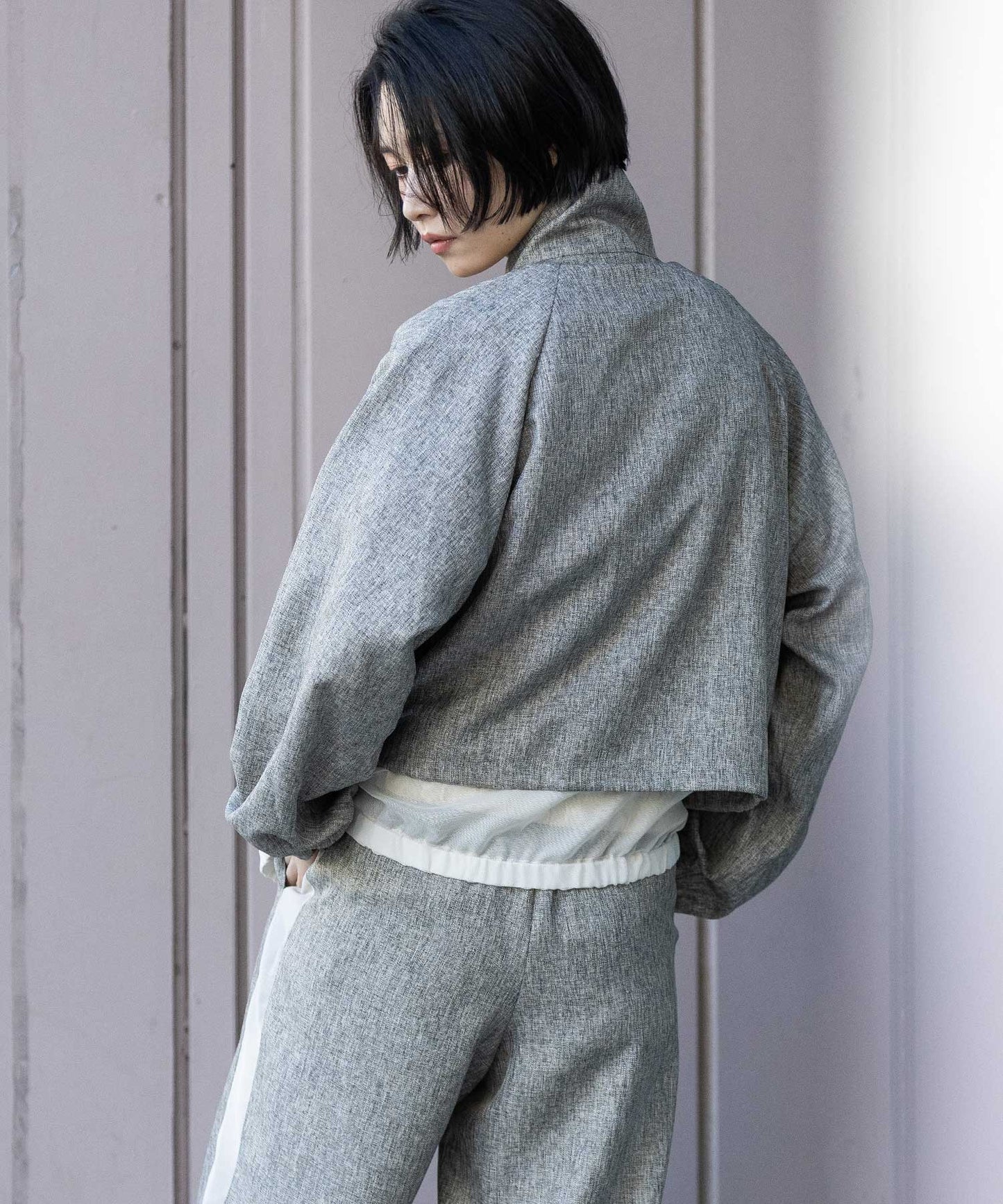 【ウォッシャブル】【防シワ】ツイード調ツイル×メッシュレイヤードジップブルゾン