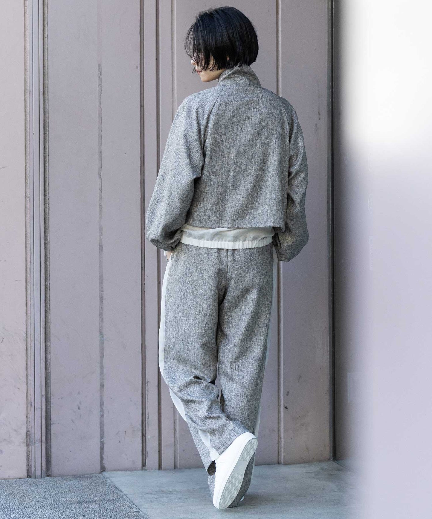 【ウォッシャブル】【防シワ】ツイード調ツイル×メッシュレイヤードジップブルゾン