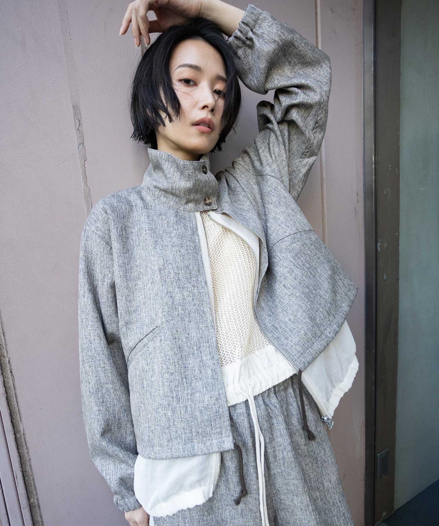 【ウォッシャブル】【防シワ】ツイード調ツイル×メッシュレイヤードジップブルゾン