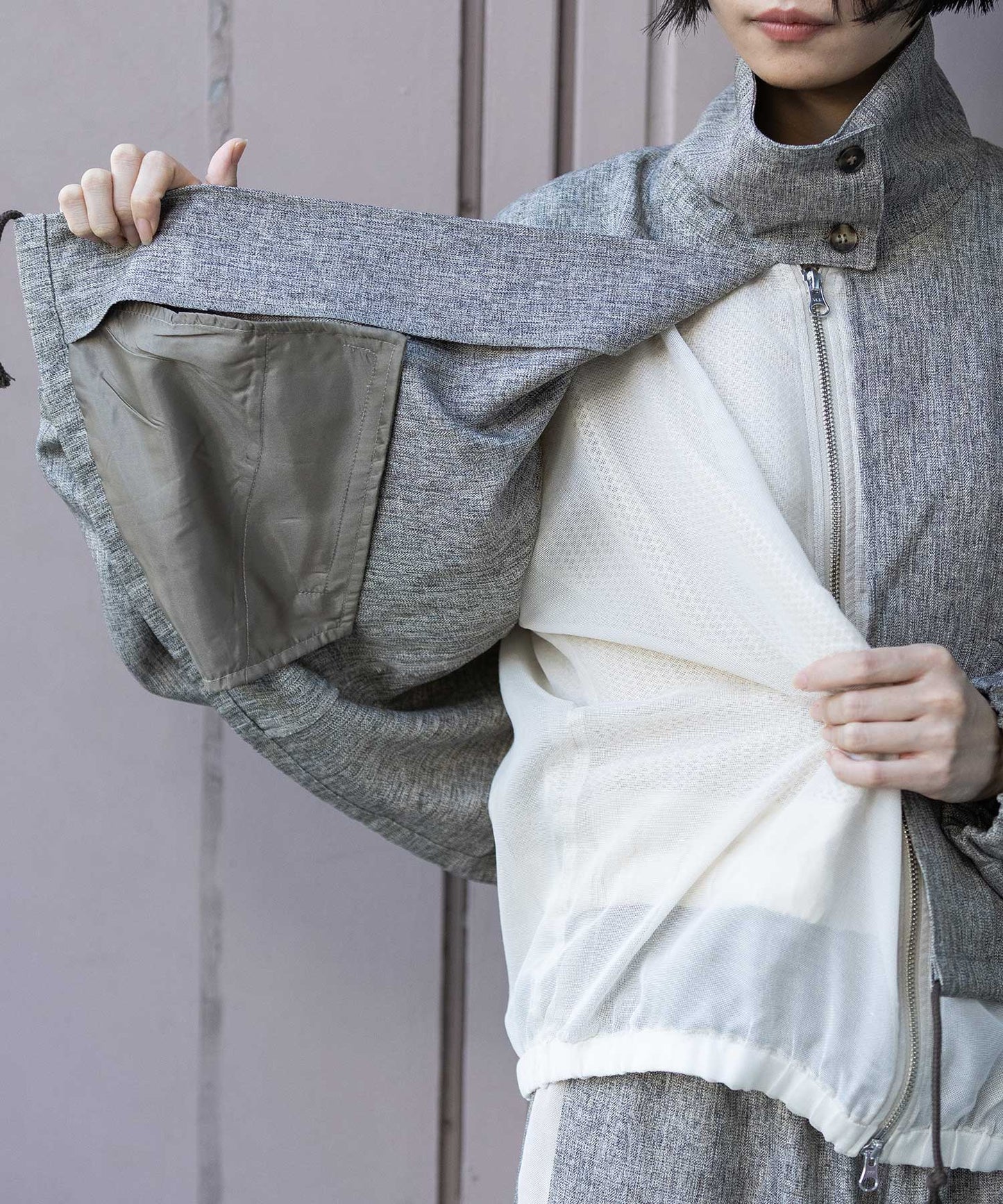 【ウォッシャブル】【防シワ】ツイード調ツイル×メッシュレイヤードジップブルゾン