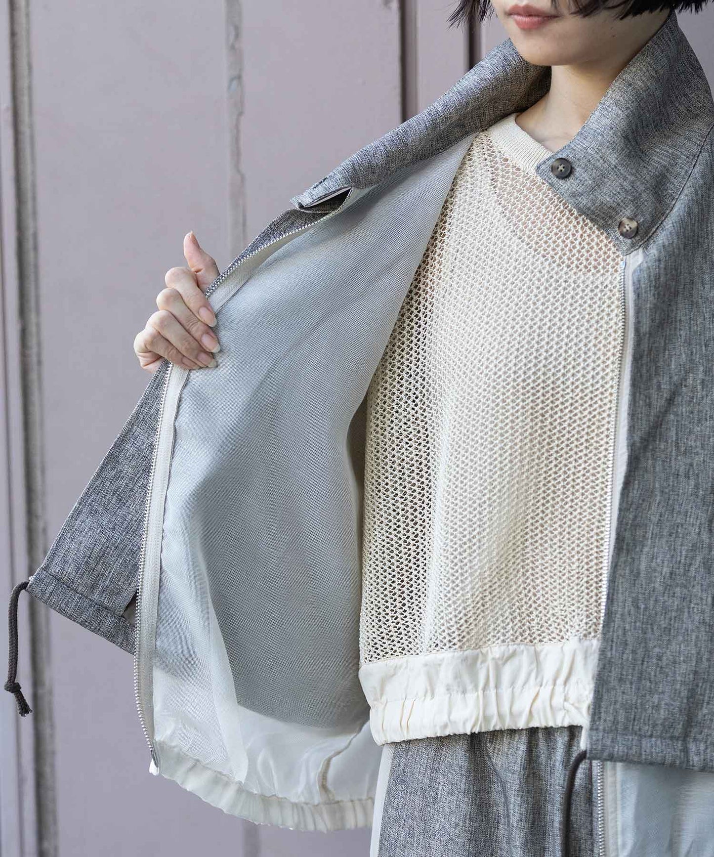 【ウォッシャブル】【防シワ】ツイード調ツイル×メッシュレイヤードジップブルゾン