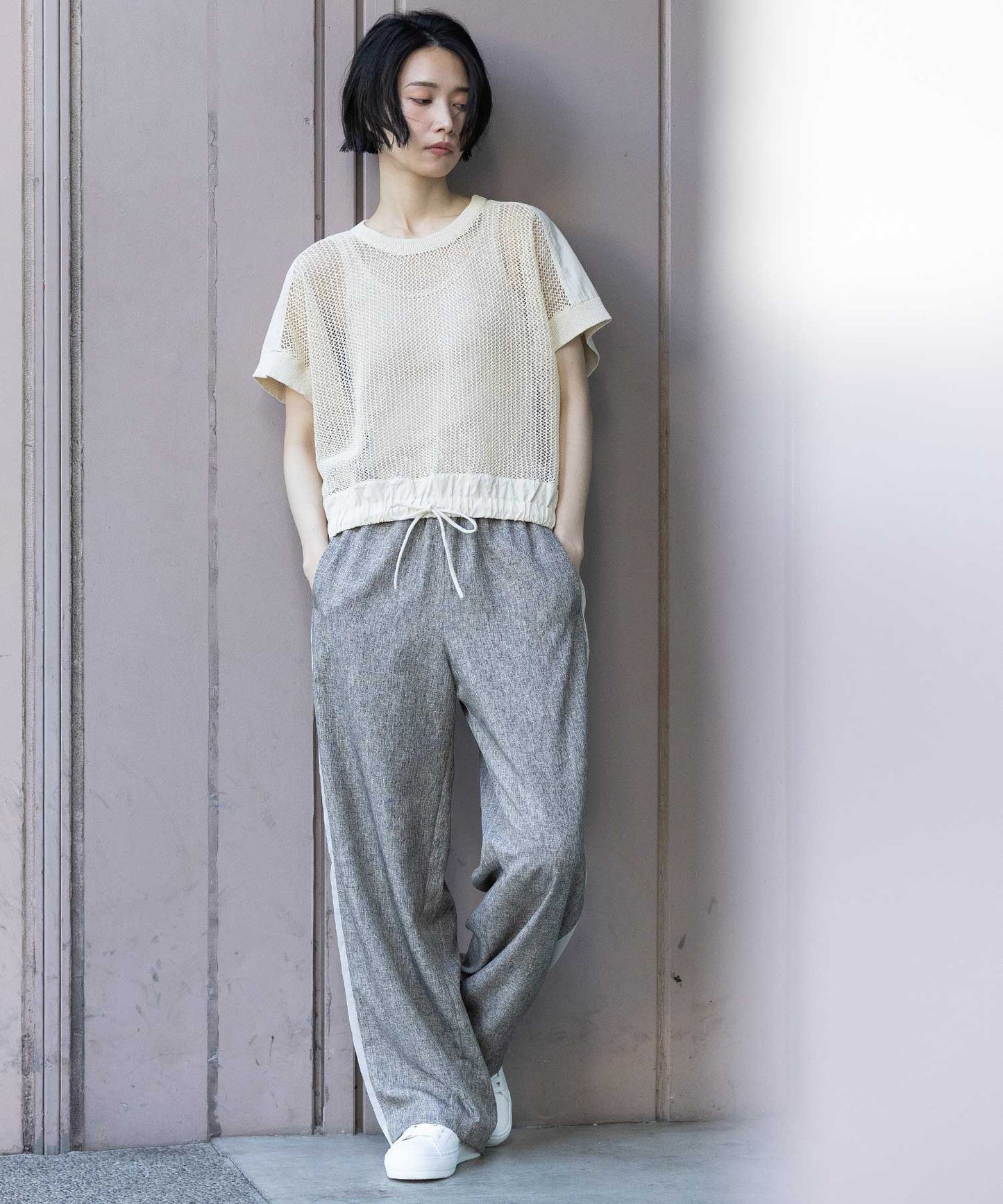 【ウォッシャブル】【防シワ】ツイード調ツイル×メッシュサイドストライプパンツ