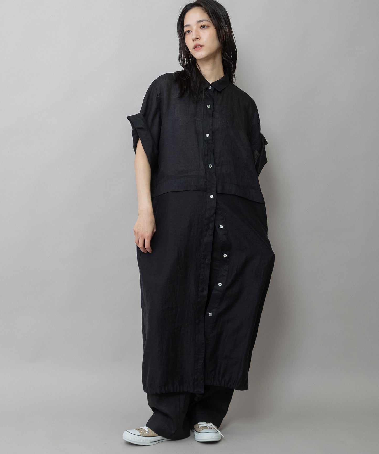 【吸水性】【発散性】60sフレンチリネン×シアーローンドッキングシャツワンピース