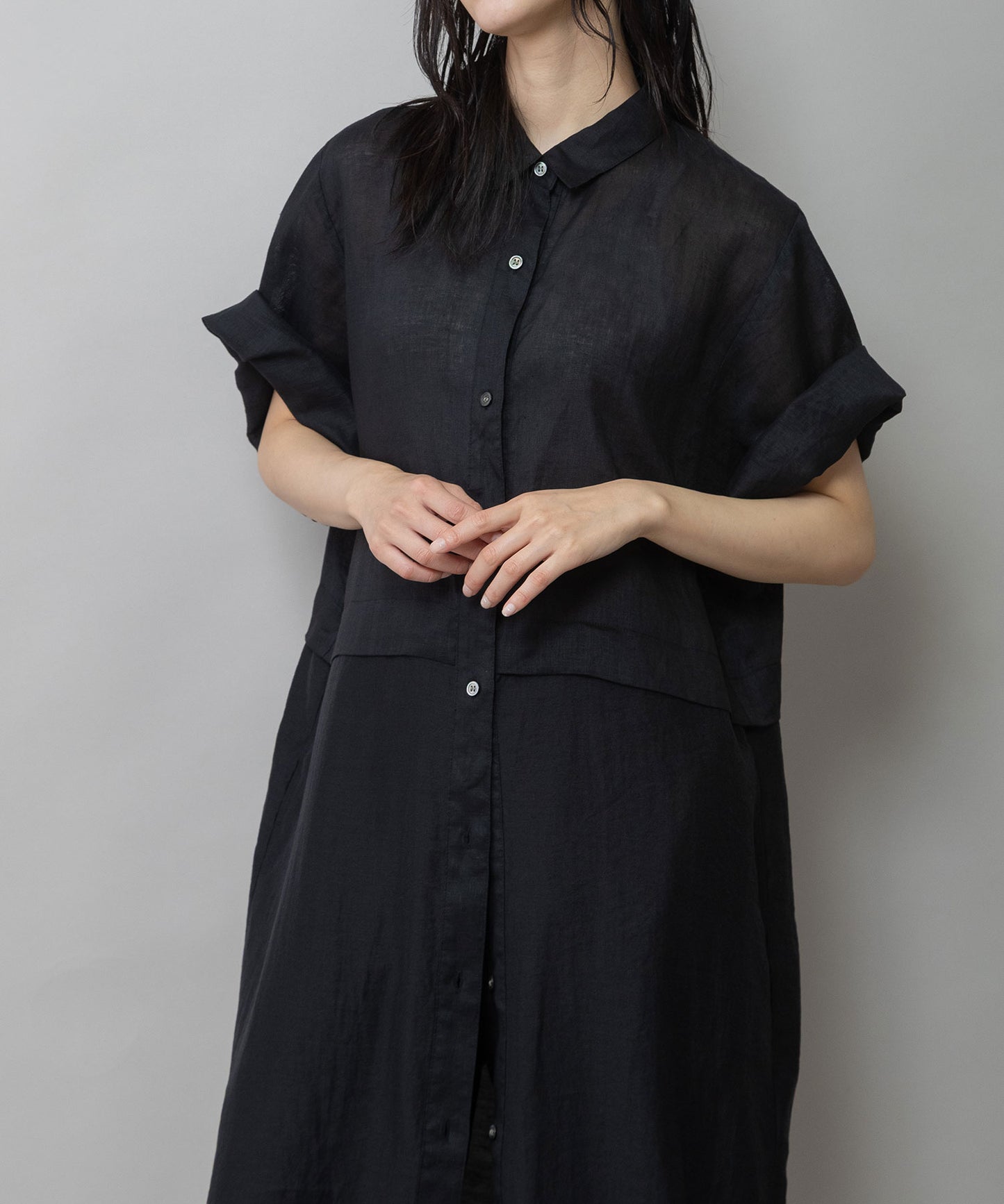 【吸水性】【発散性】60sフレンチリネン×シアーローンドッキングシャツワンピース