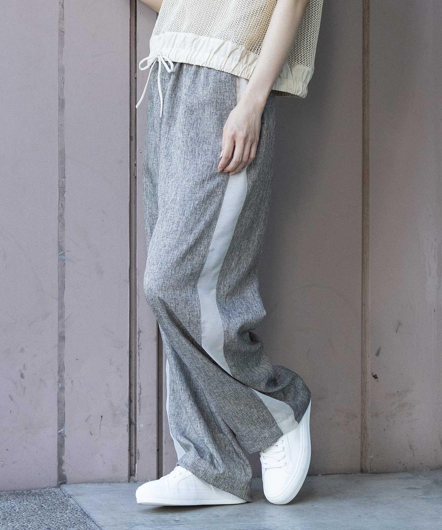 【ウォッシャブル】【防シワ】ツイード調ツイル×メッシュサイドストライプパンツ