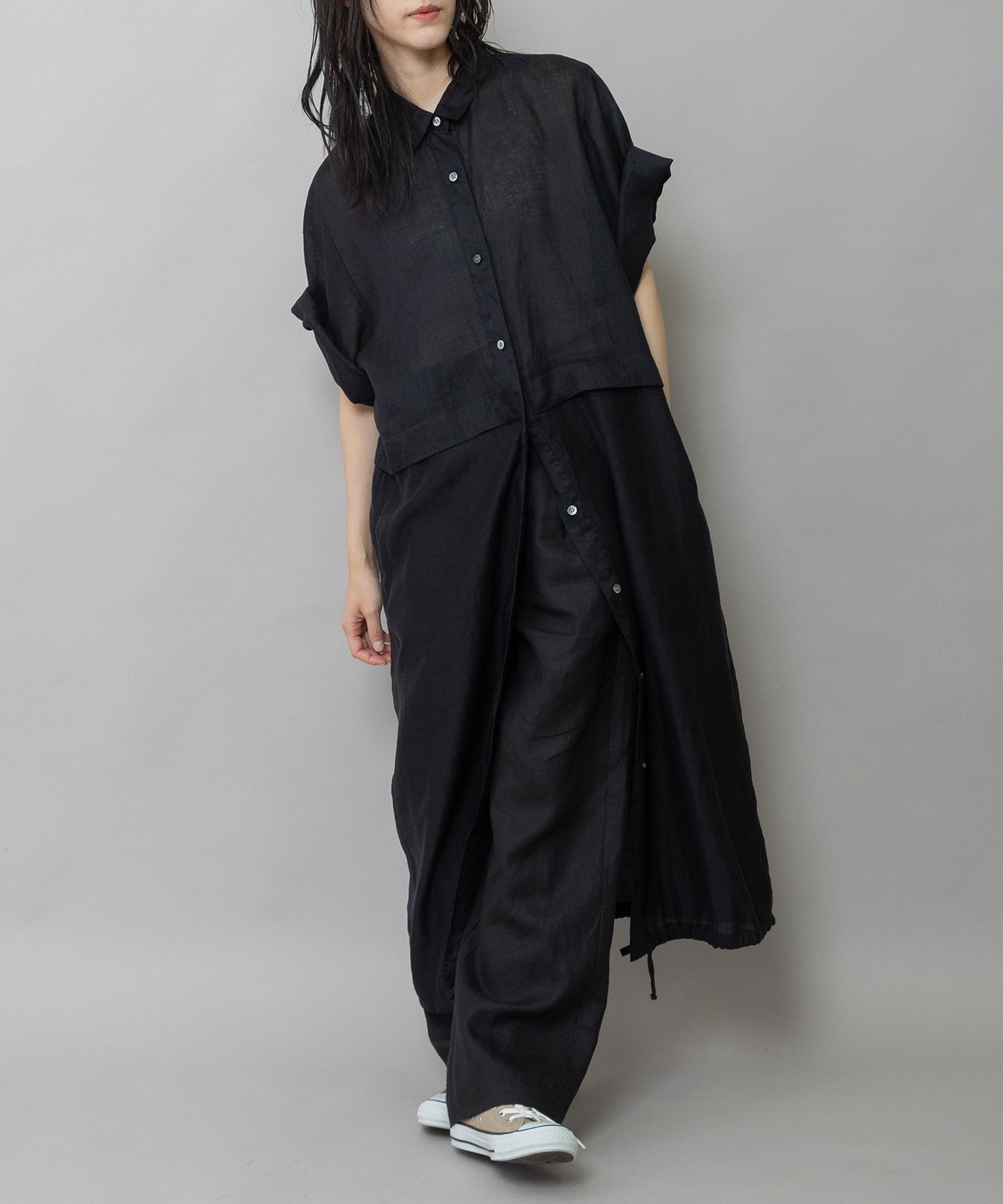 【吸水性】【発散性】60sフレンチリネン×シアーローンドッキングシャツワンピース