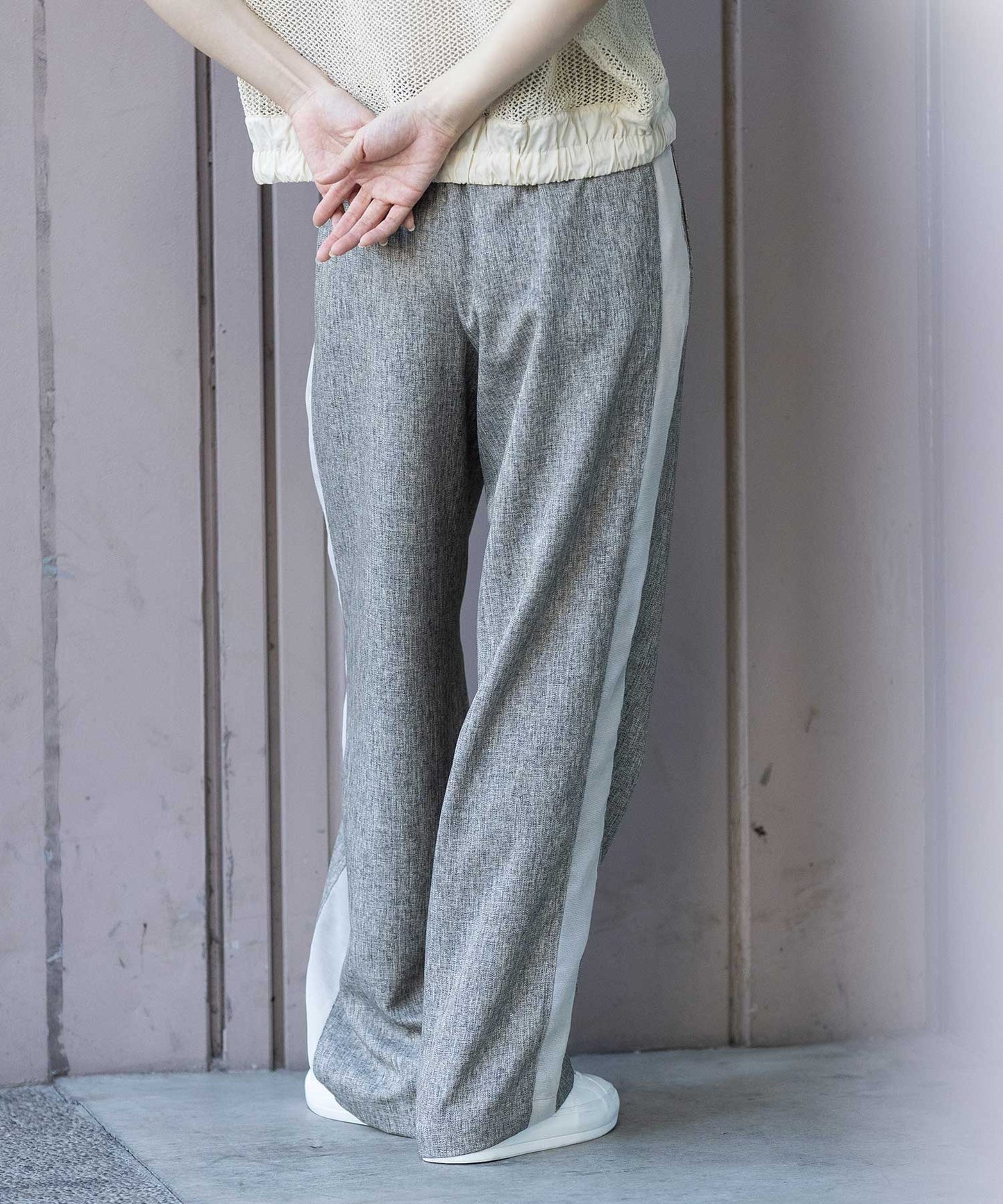 【ウォッシャブル】【防シワ】ツイード調ツイル×メッシュサイドストライプパンツ