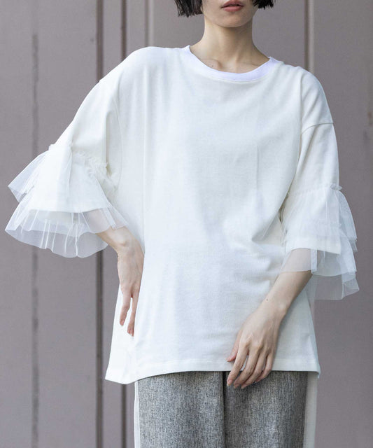 裏毛×チュールラッフルスリーブトップス