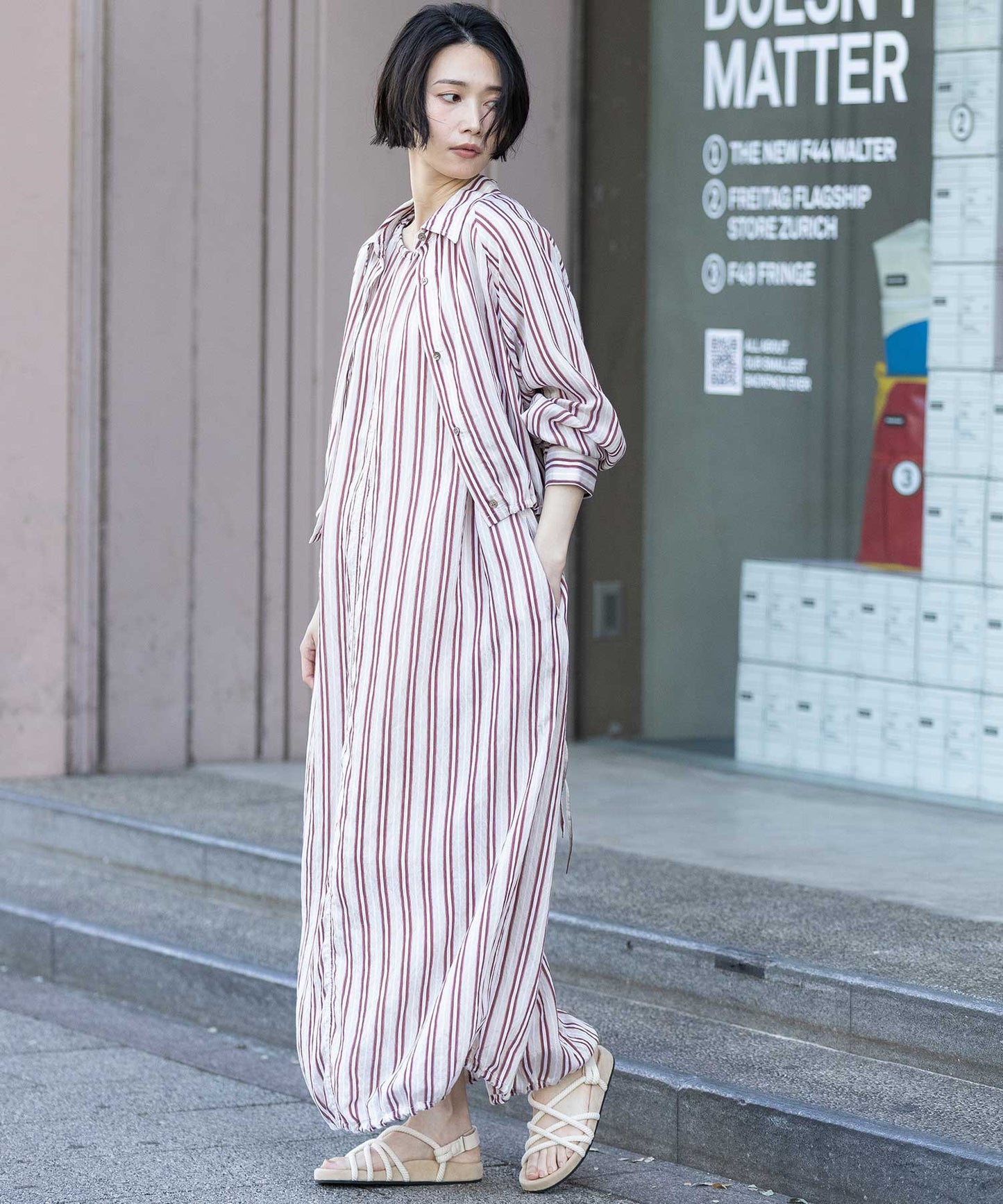 【Turkey】ストライプドローストリングワンピース