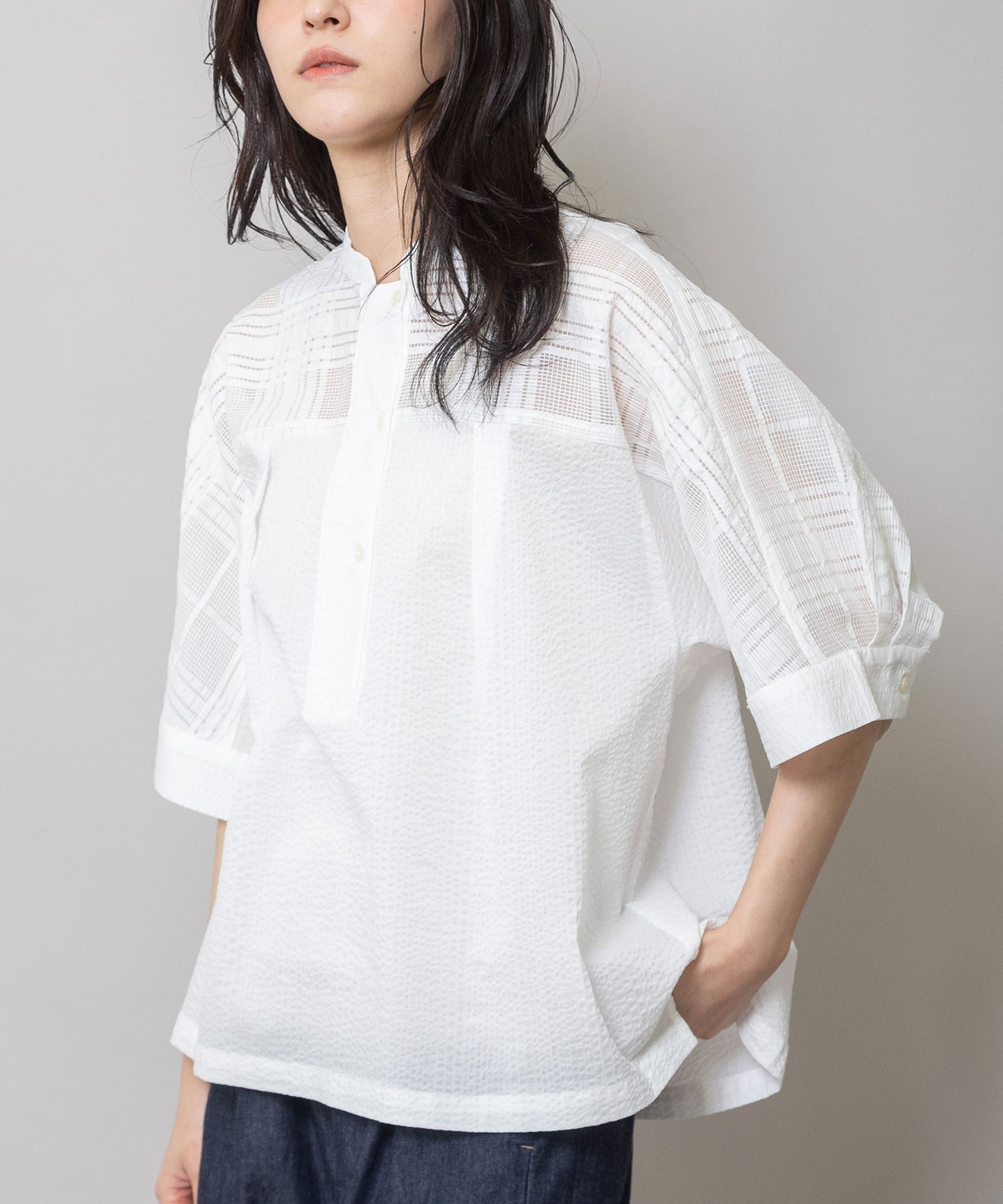 シアージャガードチェック×シワ加工ローンプルオーバーシャツ