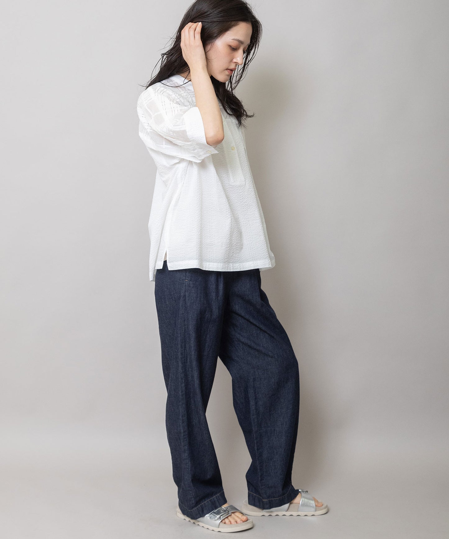 シアージャガードチェック×シワ加工ローンプルオーバーシャツ