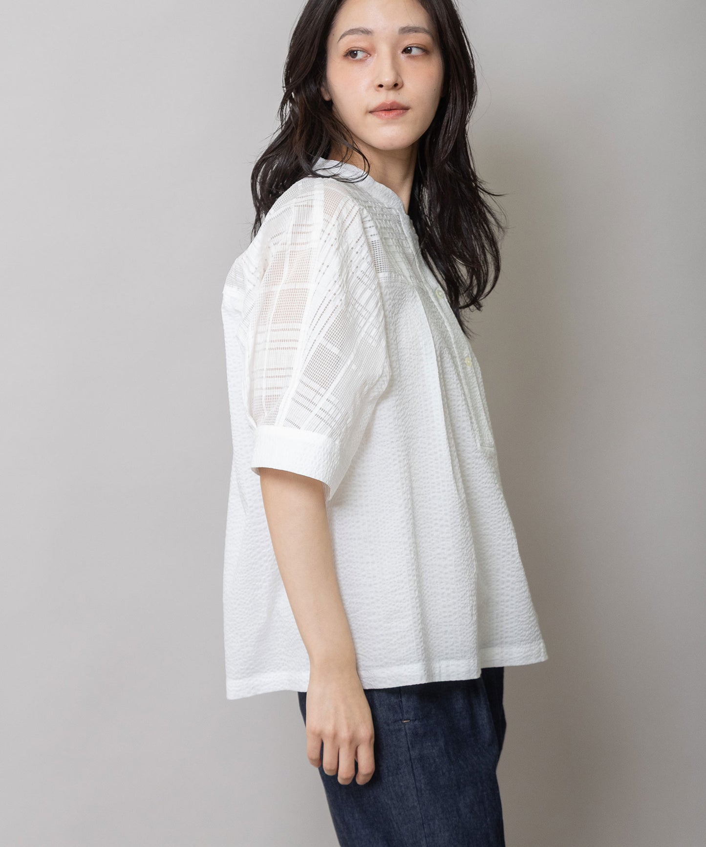 シアージャガードチェック×シワ加工ローンプルオーバーシャツ