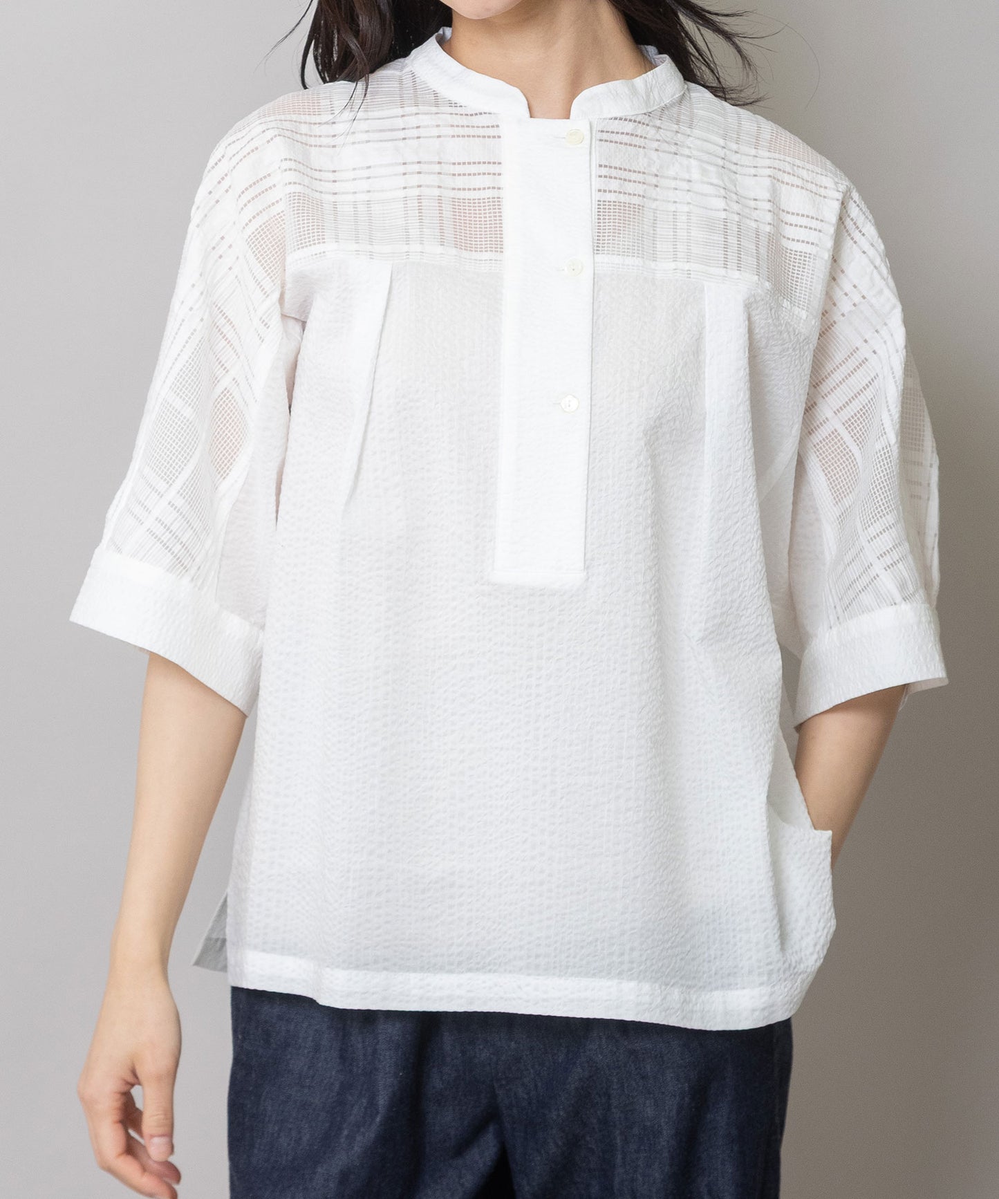 シアージャガードチェック×シワ加工ローンプルオーバーシャツ