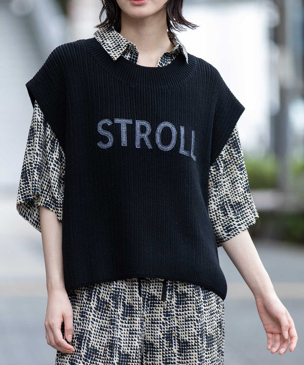 7GG片畦編みニットロゴ刺繍ジレ