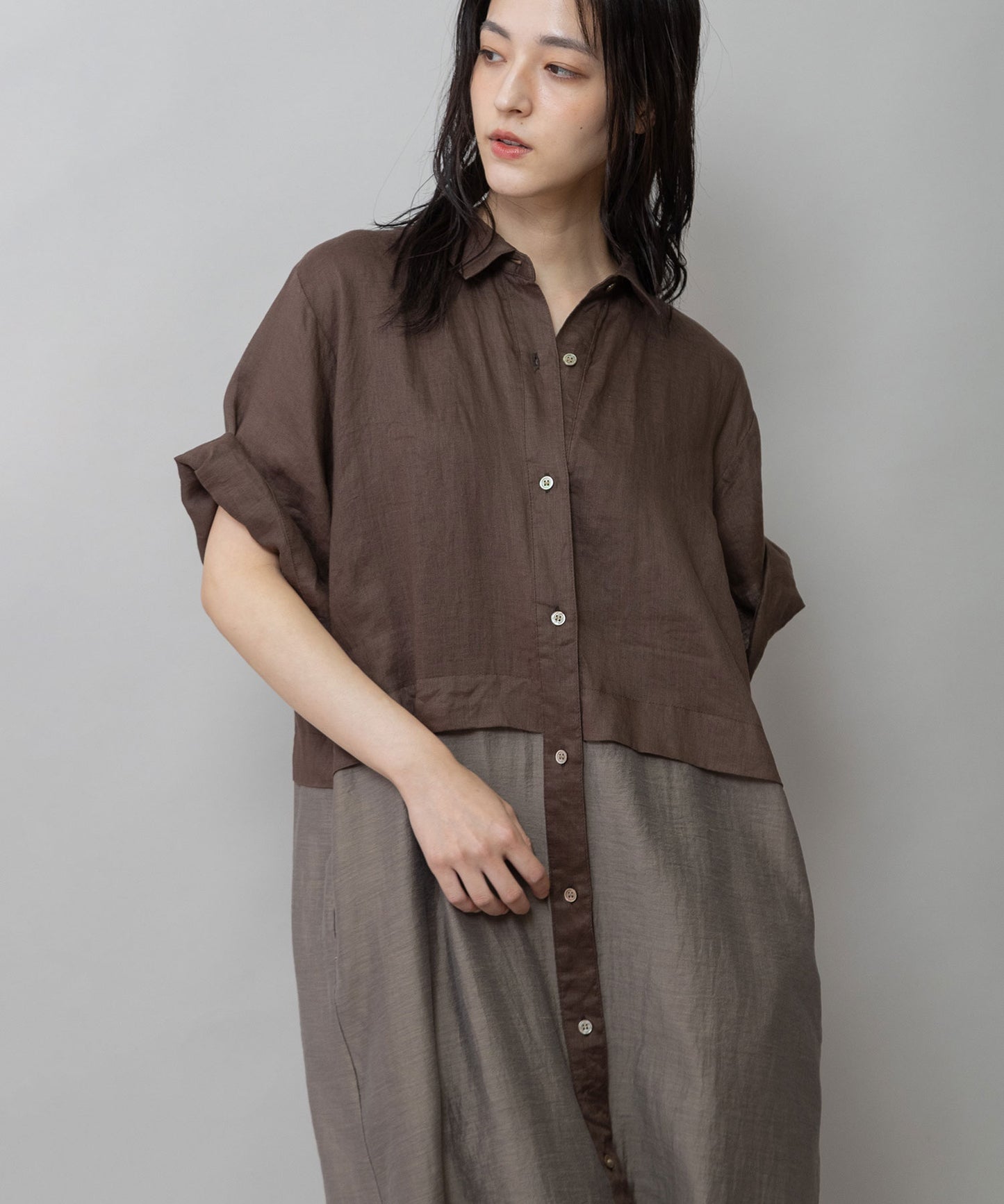 【吸水性】【発散性】60sフレンチリネン×シアーローンドッキングシャツワンピース