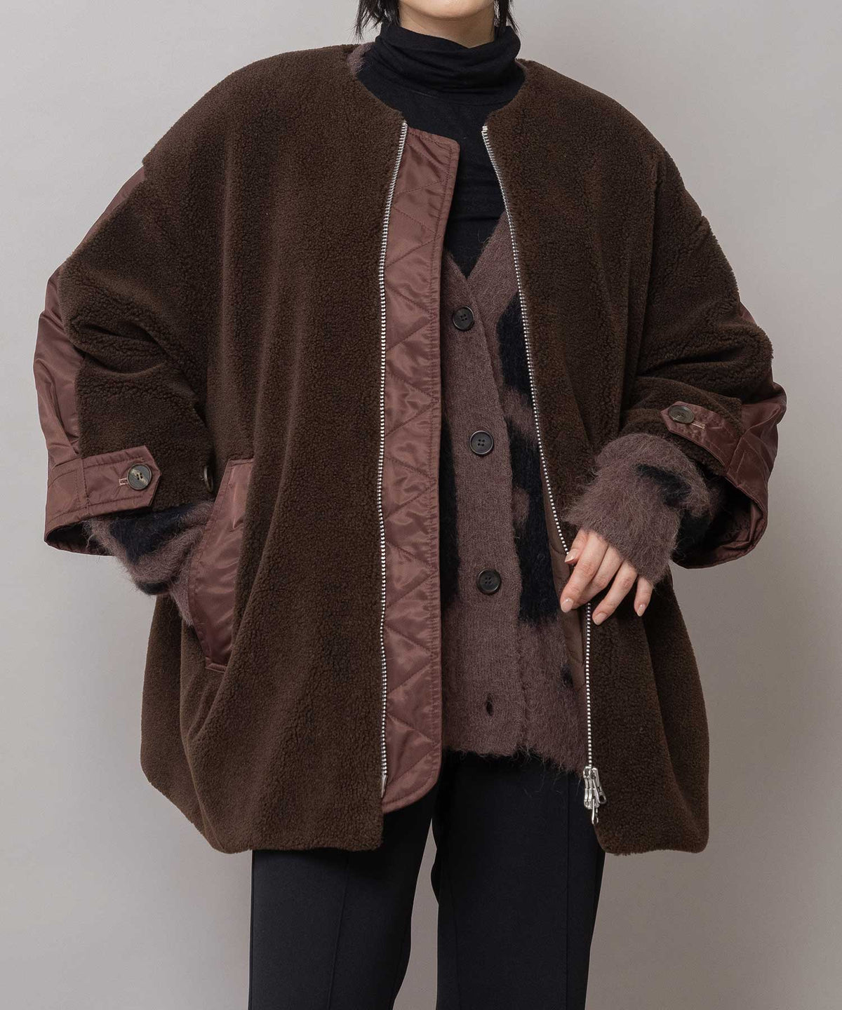 ウールボア×ナイロンツイル ドッキングショートコート