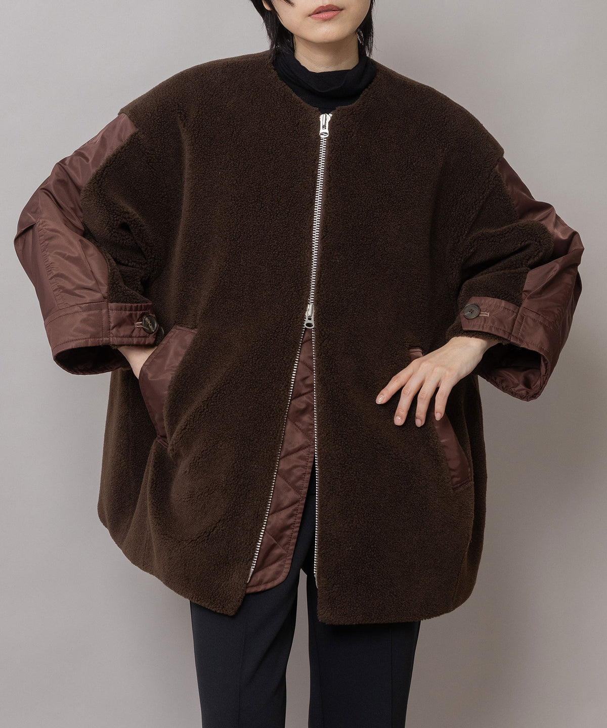 ウールボア×ナイロンツイル ドッキングショートコート