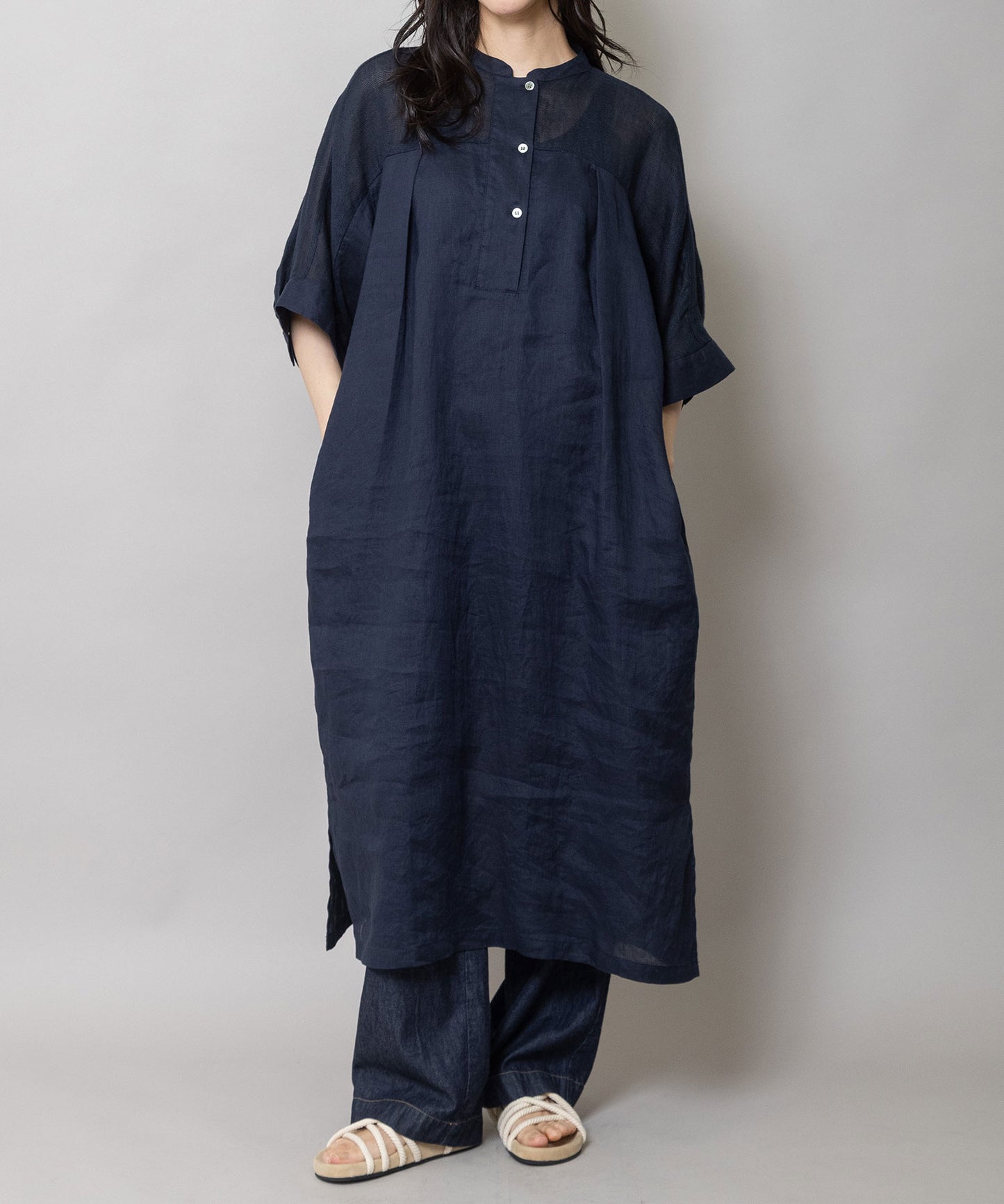 60sリネンキャンバス×40sリネンメッシュシャツワンピース