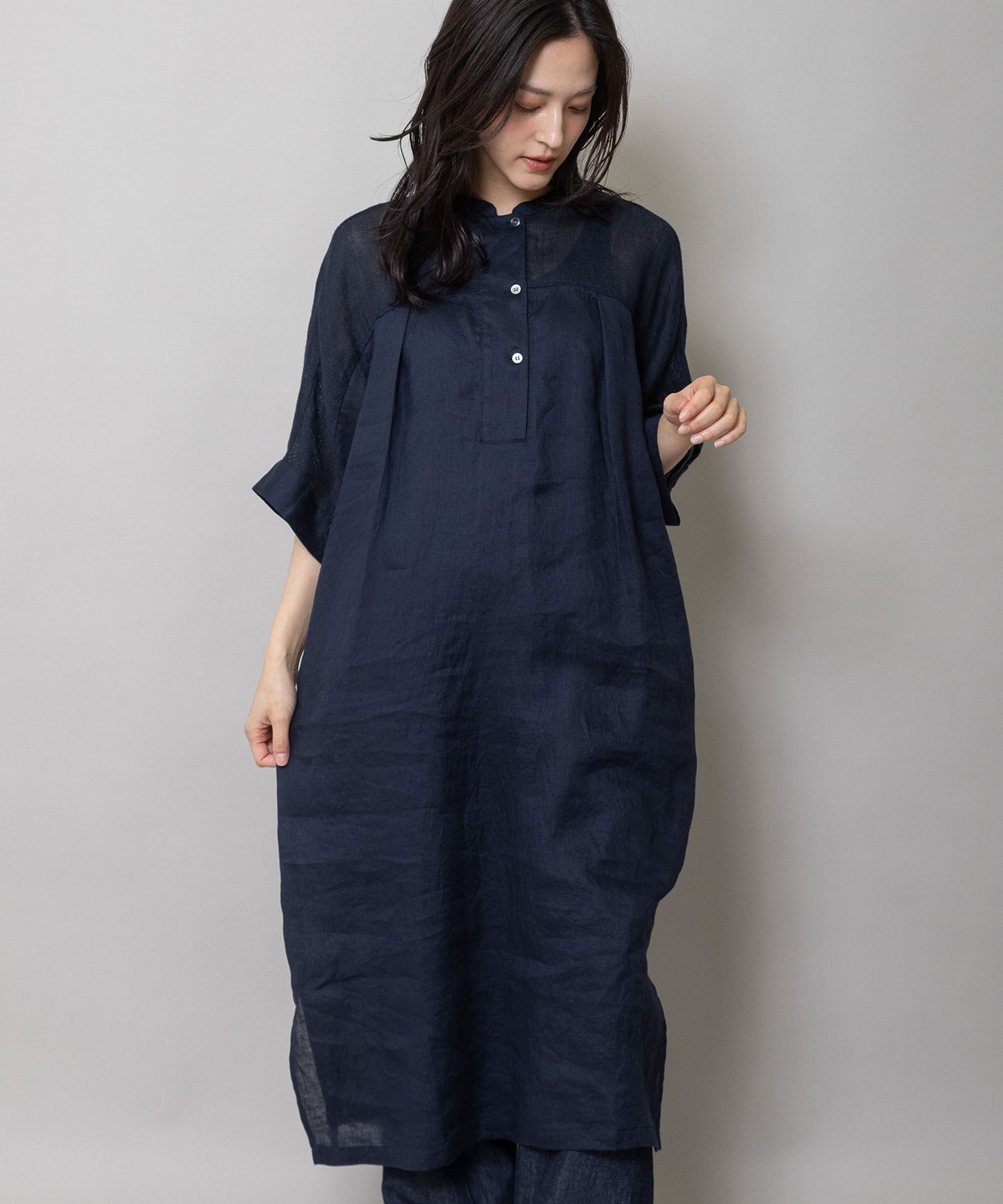 60sリネンキャンバス×40sリネンメッシュシャツワンピース