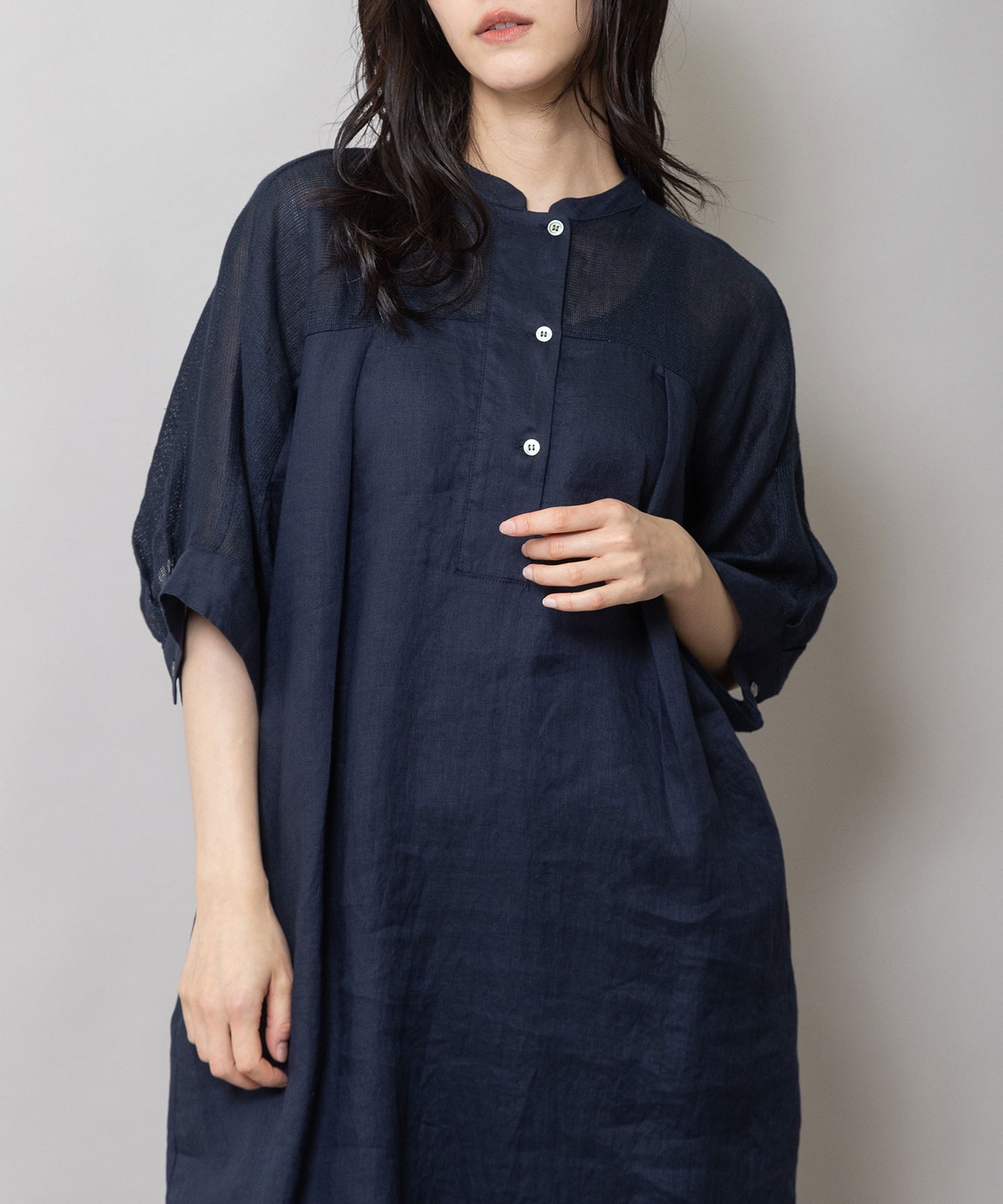 60sリネンキャンバス×40sリネンメッシュシャツワンピース